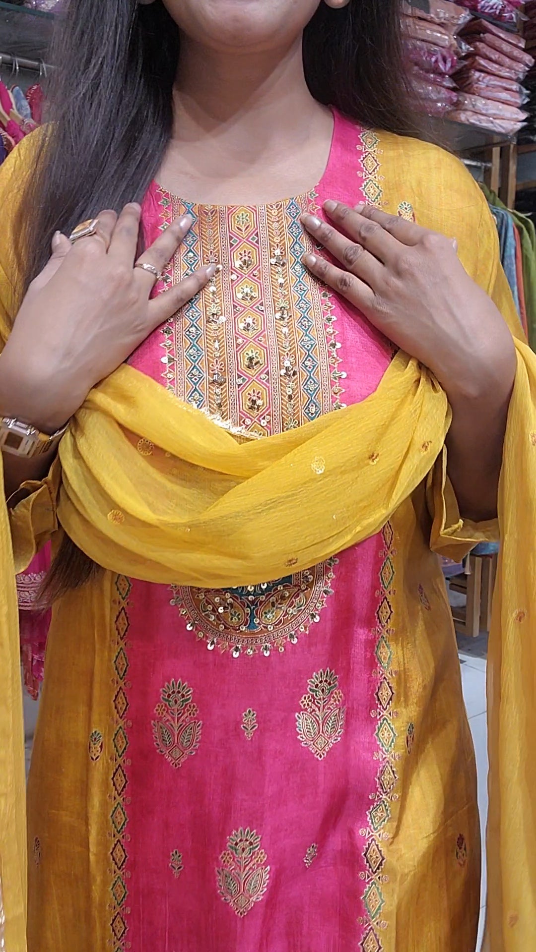 Mustard yellow digital weaving dola straight cut suit
