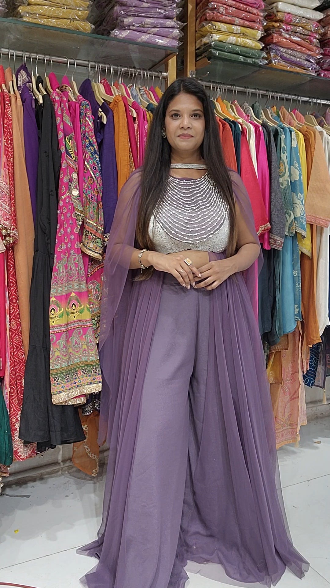 Princess Purple plazo with halter neck cape with dupatta