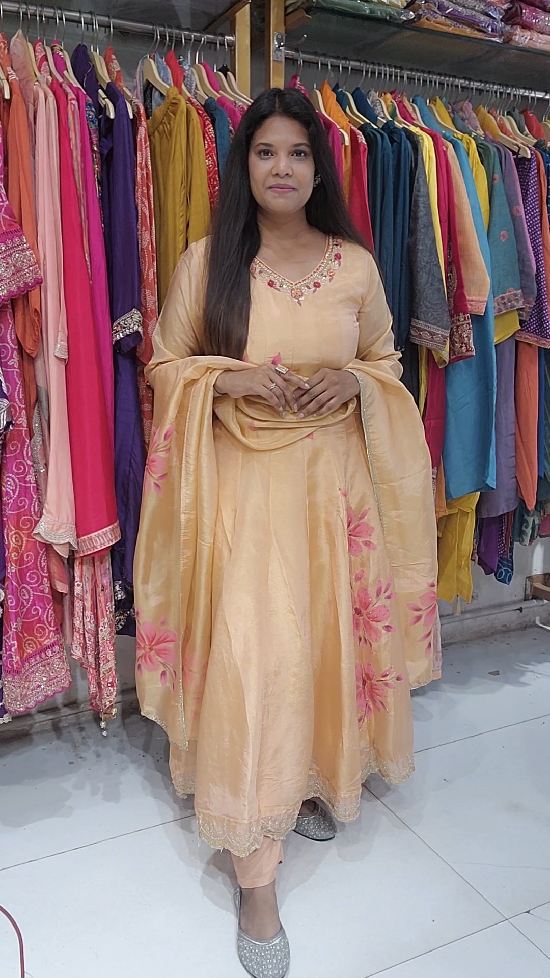 Peachy tissue handbrush anarakali suit