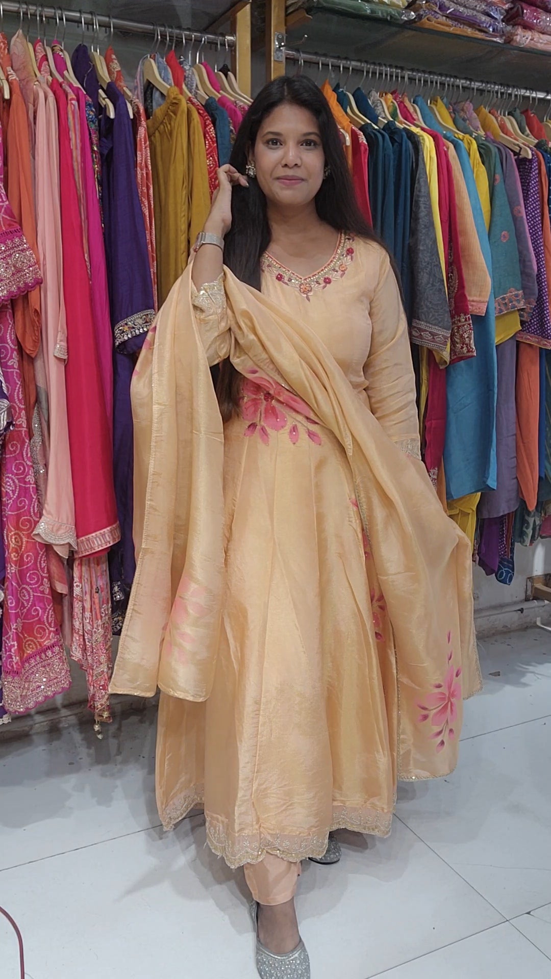 Peachy tissue handbrush anarakali suit