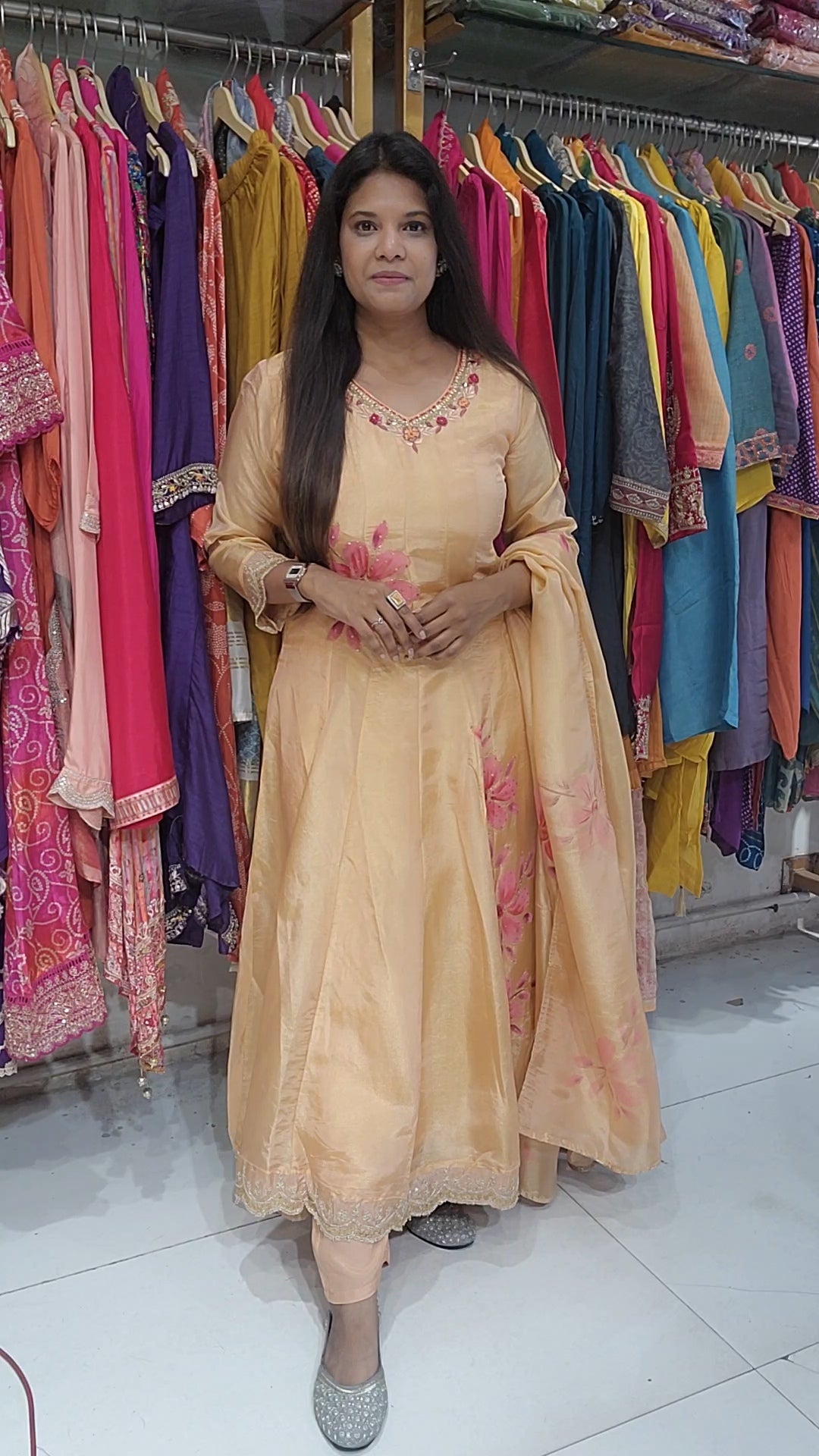 Peachy tissue handbrush anarakali suit