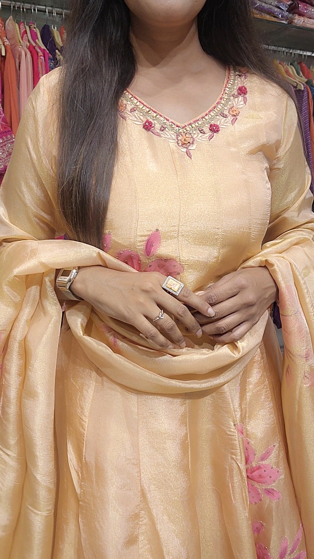 Peachy tissue handbrush anarakali suit