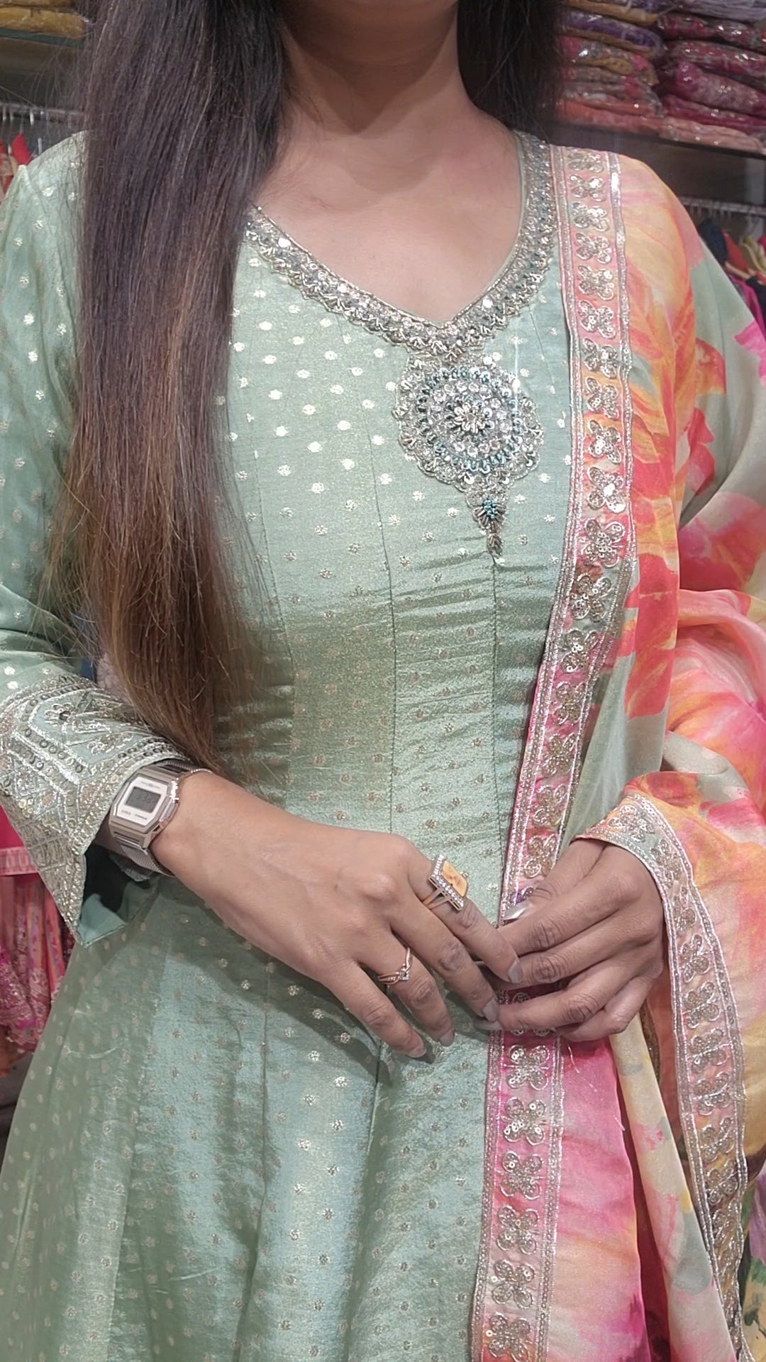 Mint green tissue orange anarkali suit with floral dupatta