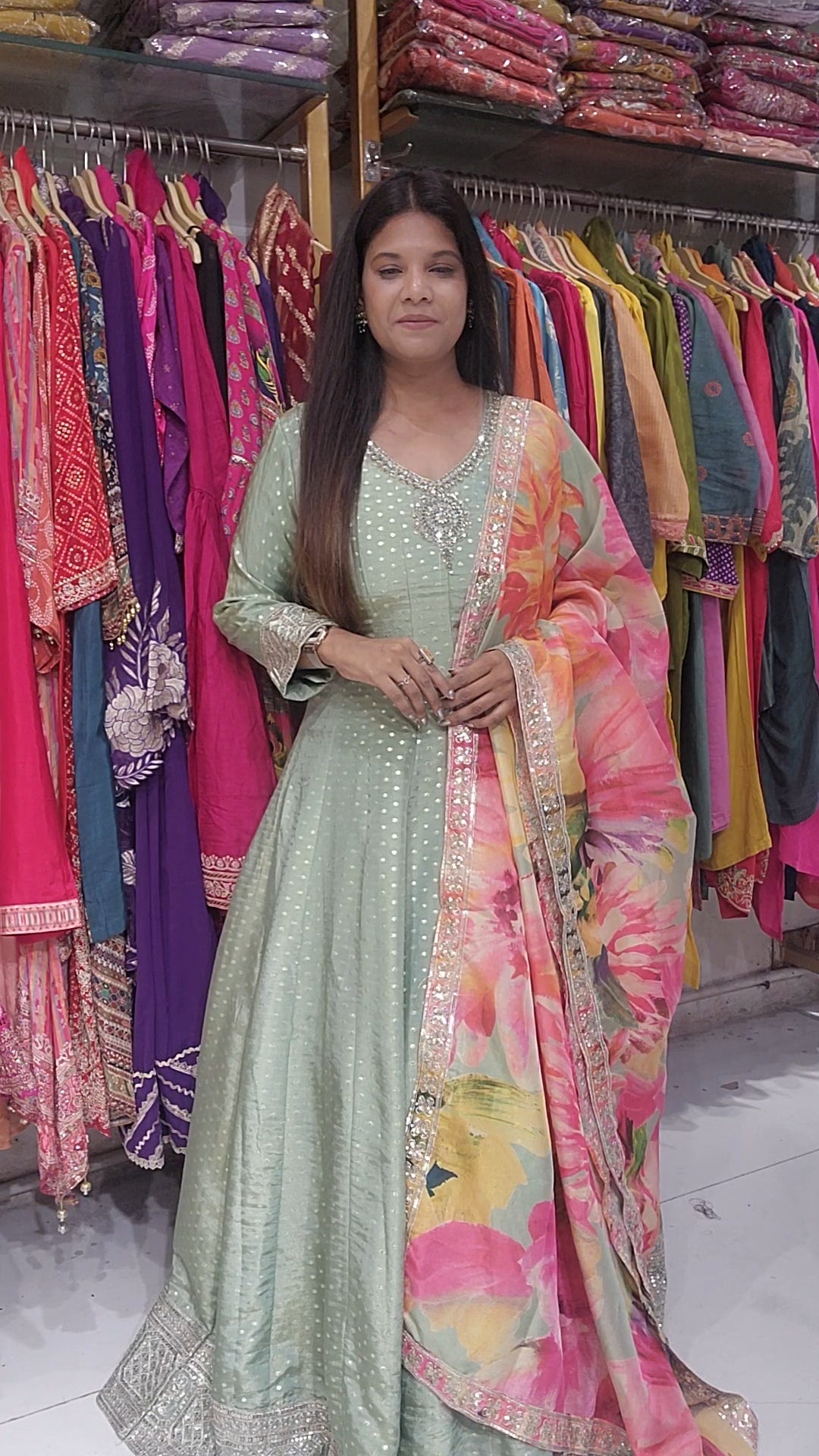 Mint green tissue orange anarkali suit with floral dupatta