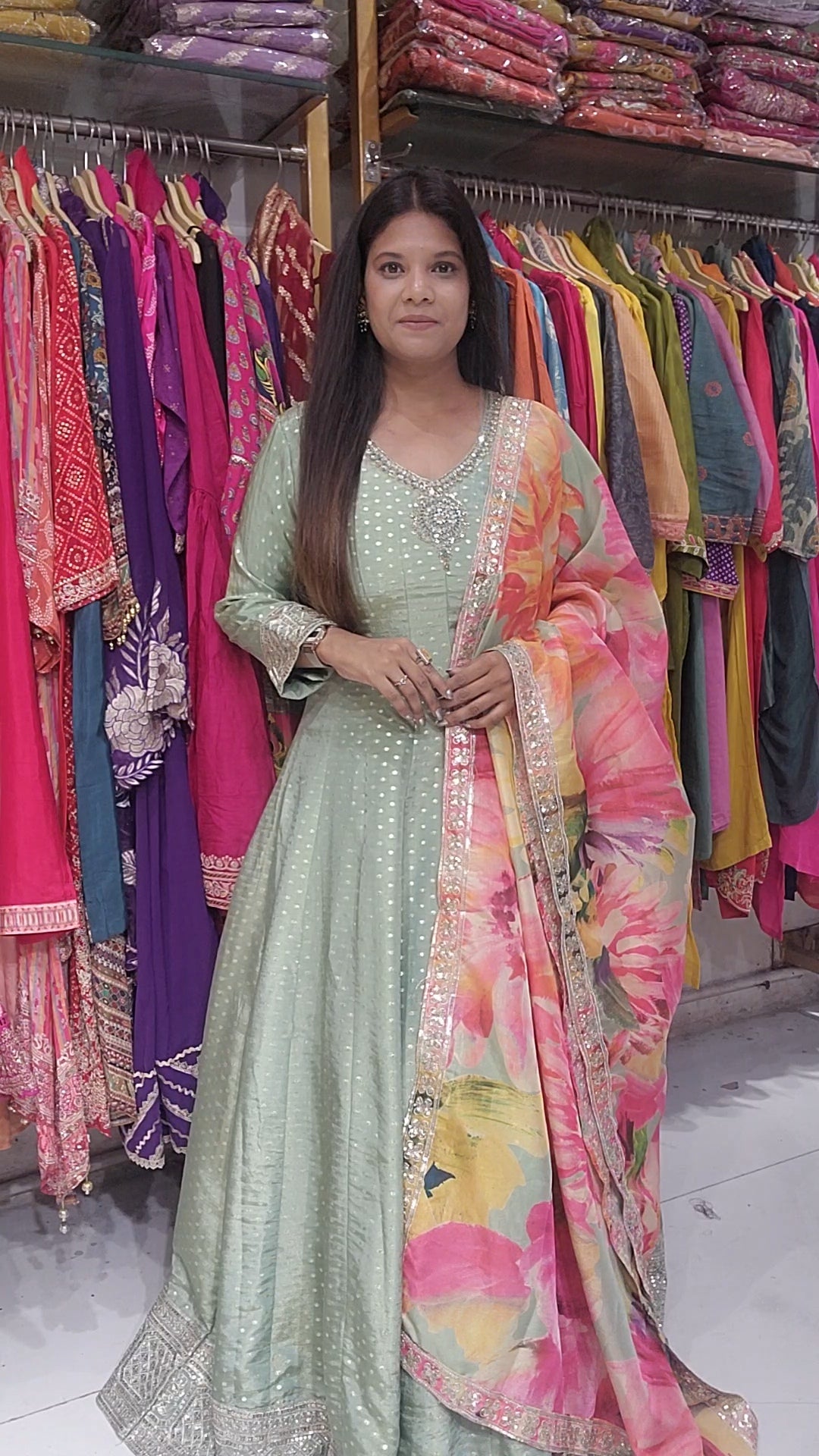 Mint green tissue orange anarkali suit with floral dupatta