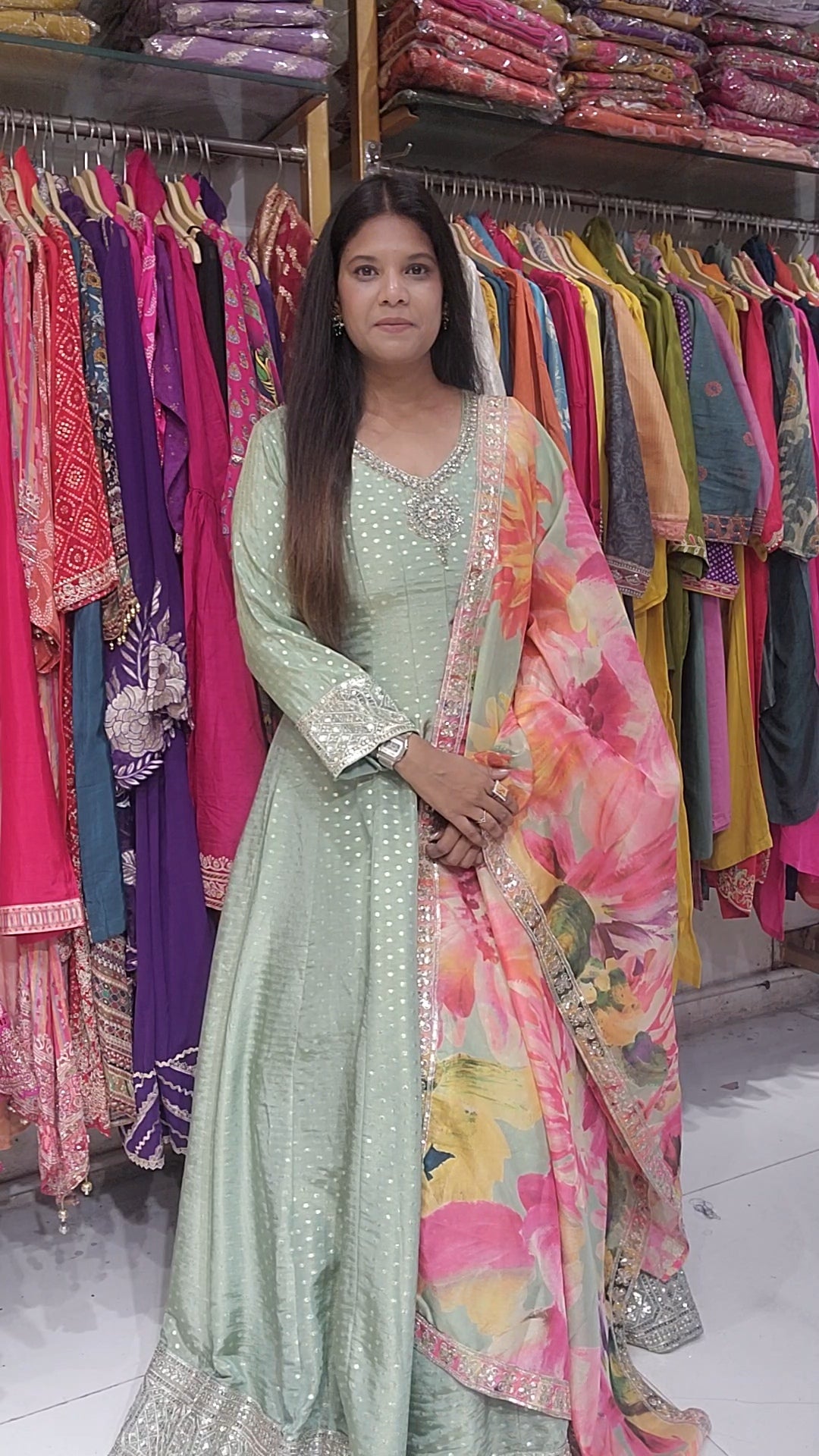 Mint green tissue orange anarkali suit with floral dupatta