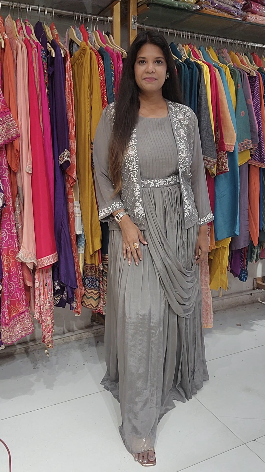 Grey drape maxi gown with jacket