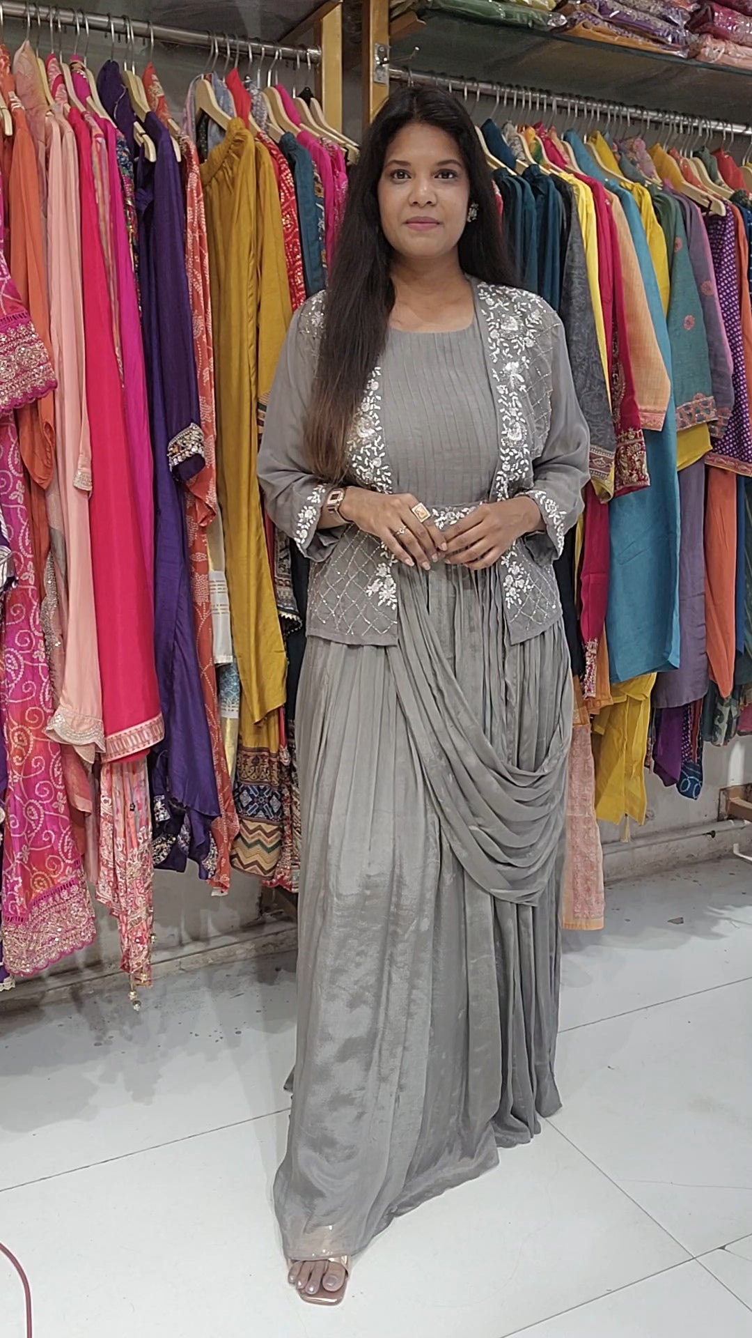 Grey drape maxi gown with jacket