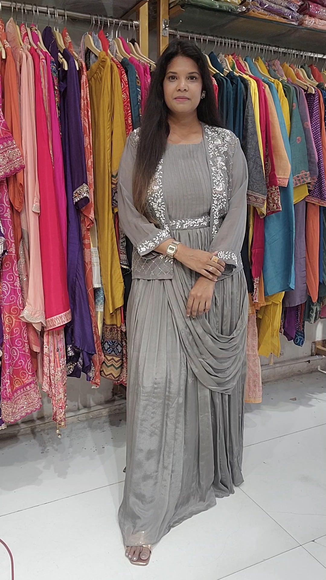 Grey drape maxi gown with jacket