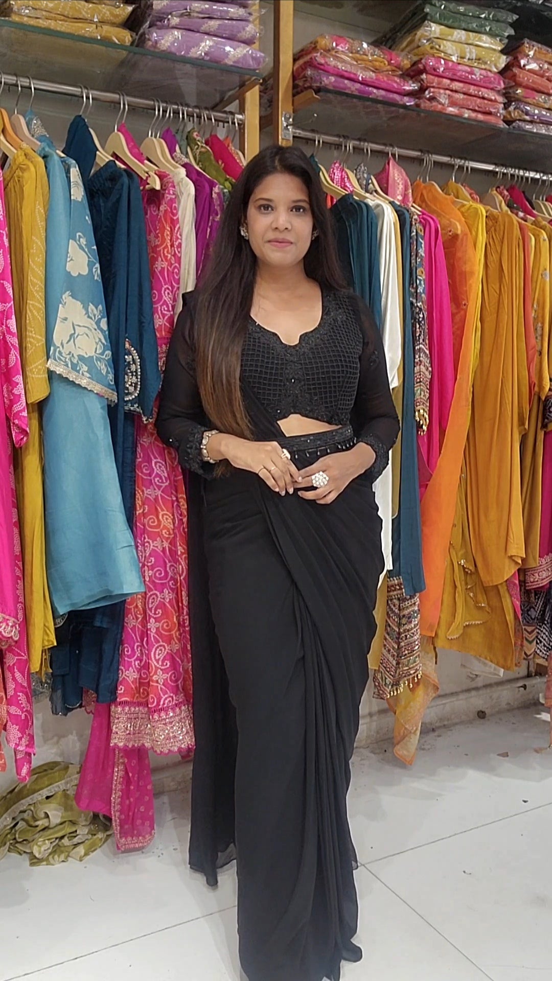Black cutwork drape sare with belt