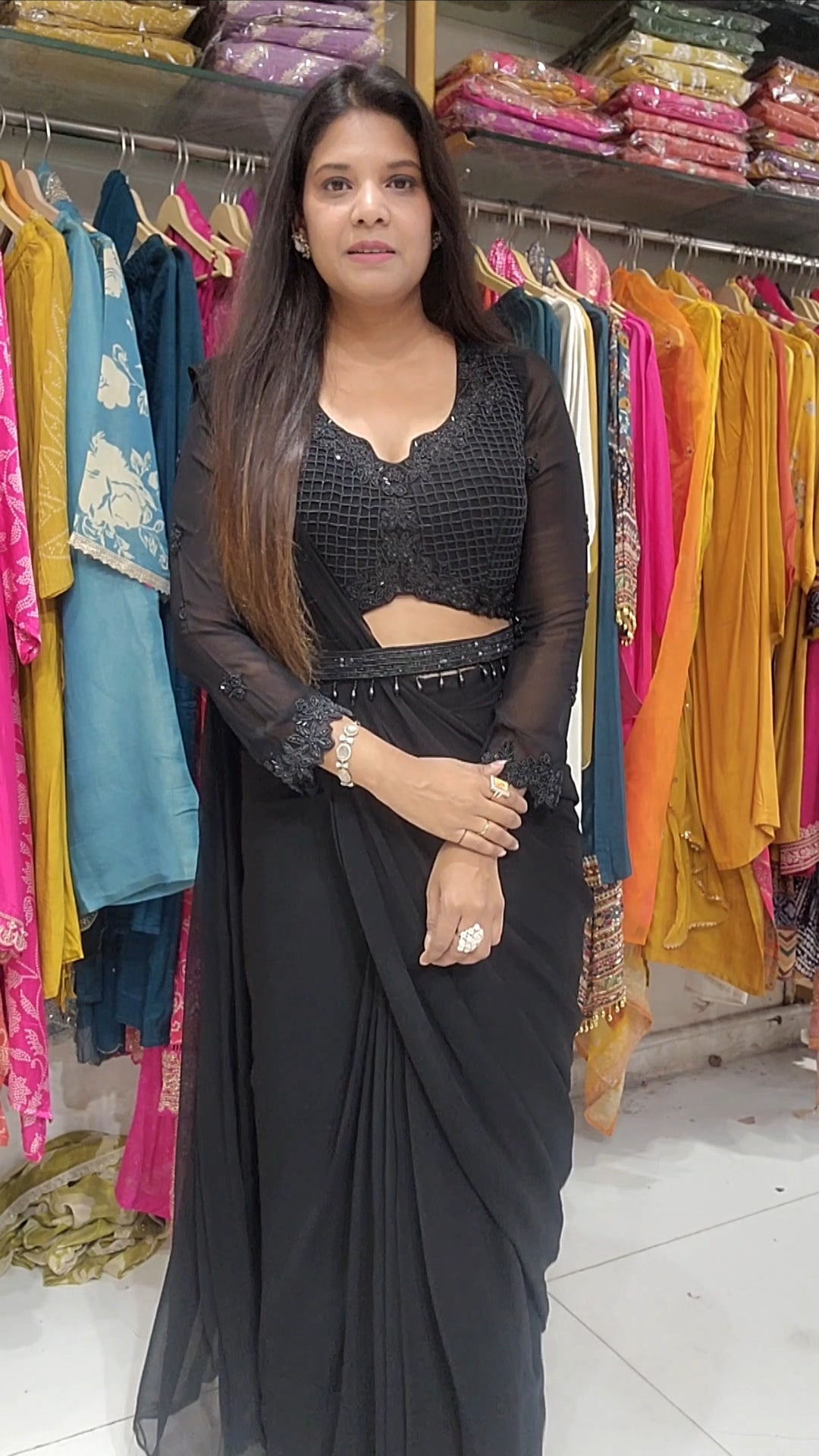 Black cutwork drape sare with belt