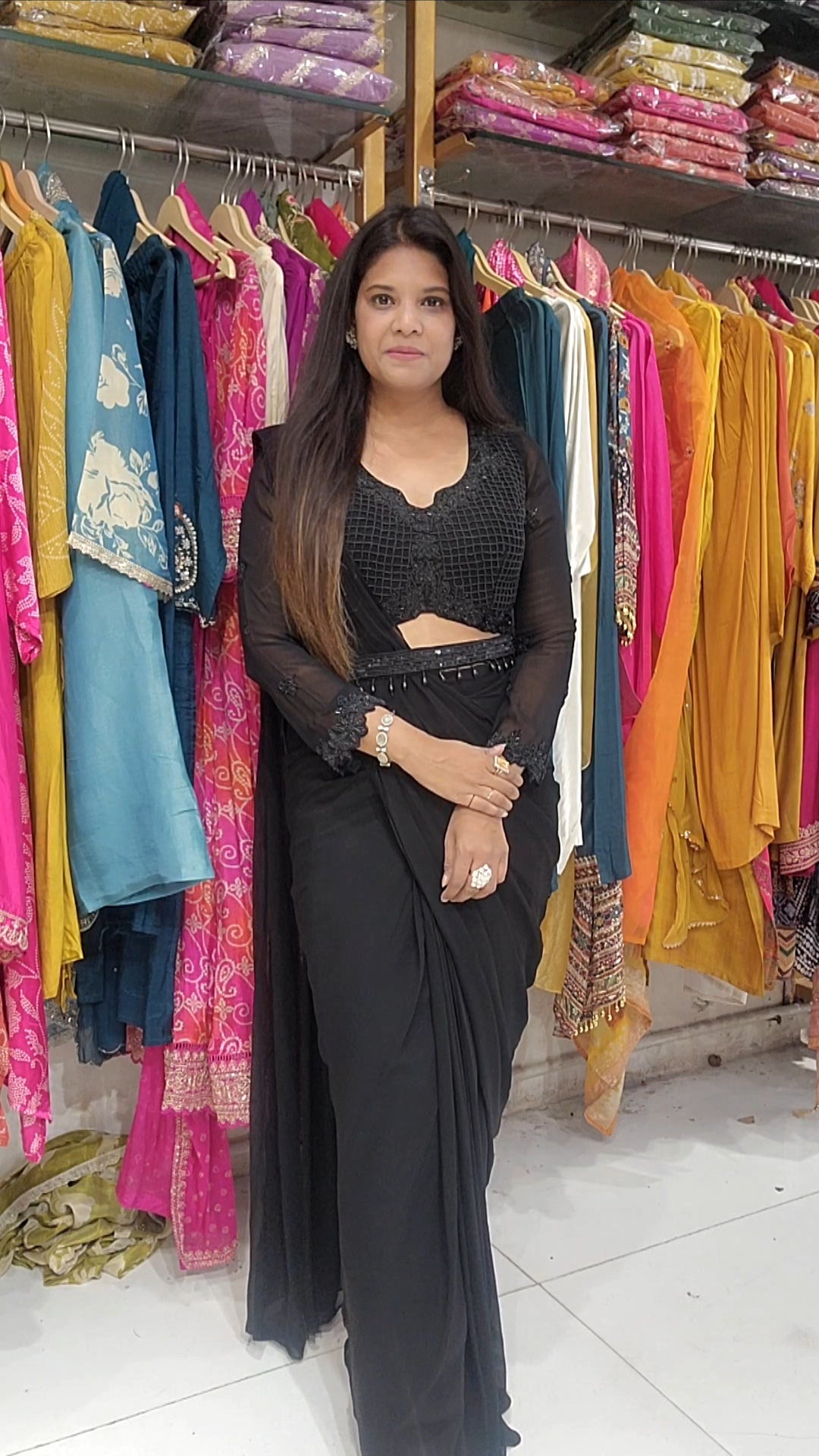 Black cutwork drape sare with belt