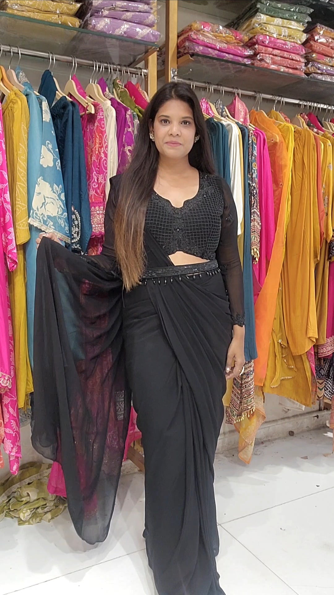 Black cutwork drape sare with belt
