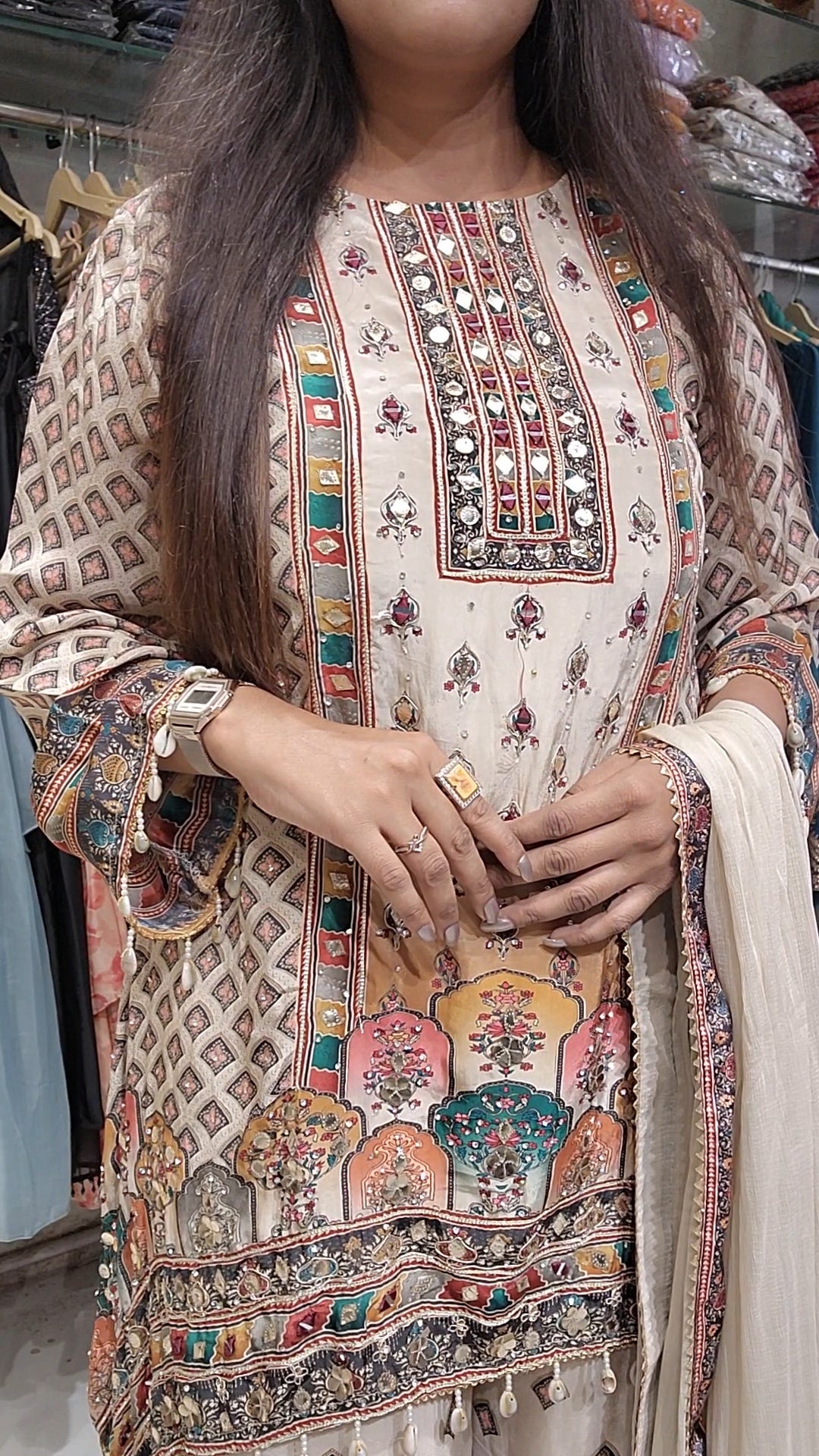 Beige high low digital print co-ord set