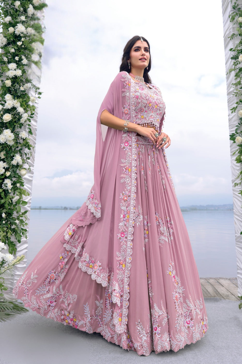 Lilac Embroided cape lehenga