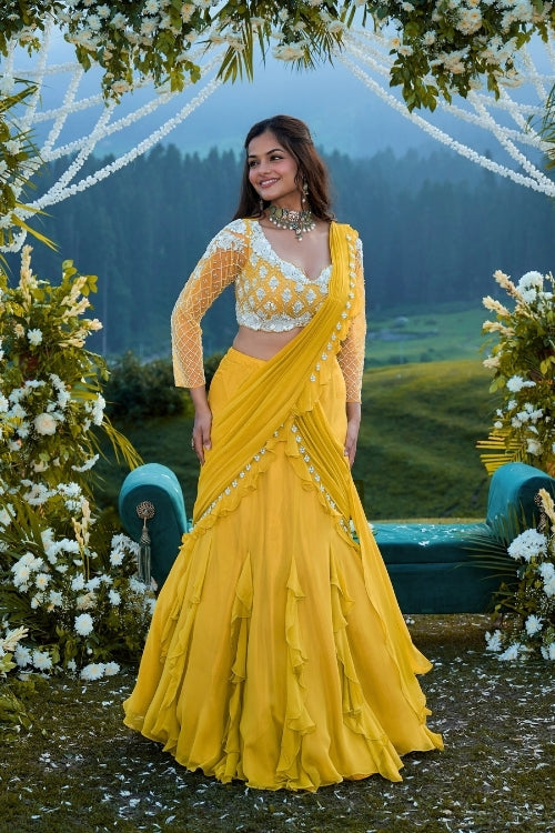 Yellow drape fishcut saree