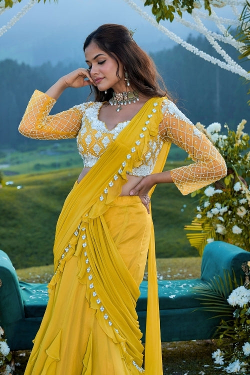 Yellow drape fishcut saree