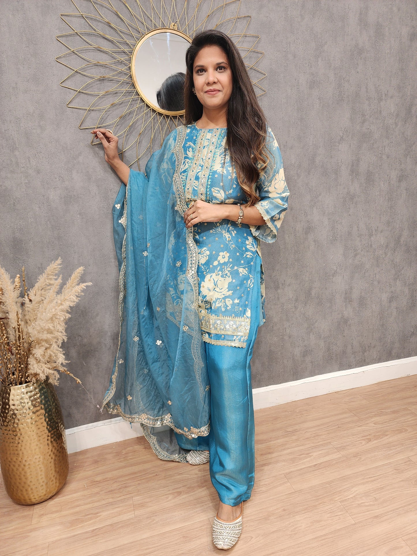 Zoya Ice blue 3piece plazo tissue suit