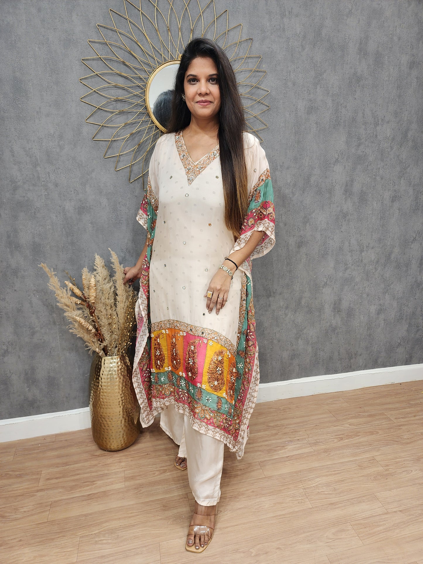 Light peach Multi colour embellished kaftaansuit