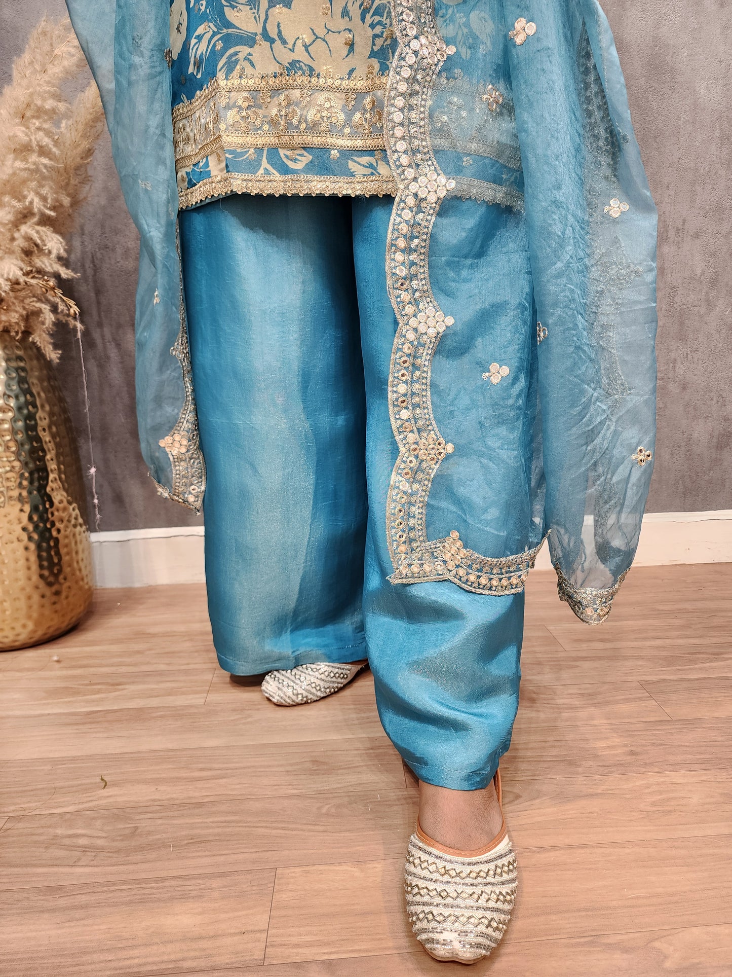 Zoya Ice blue 3piece plazo tissue suit