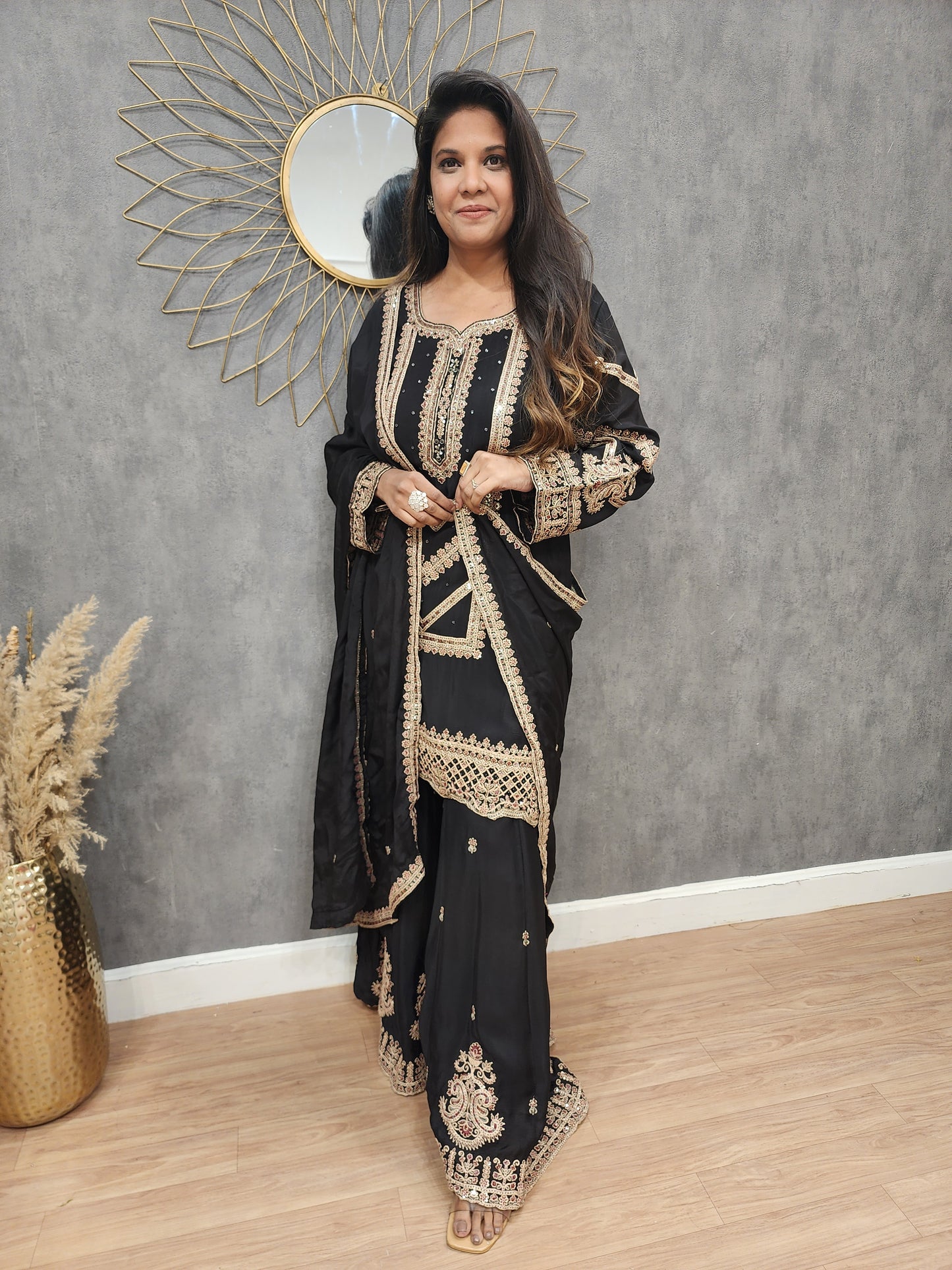 Black Embroidered straight sharara suit