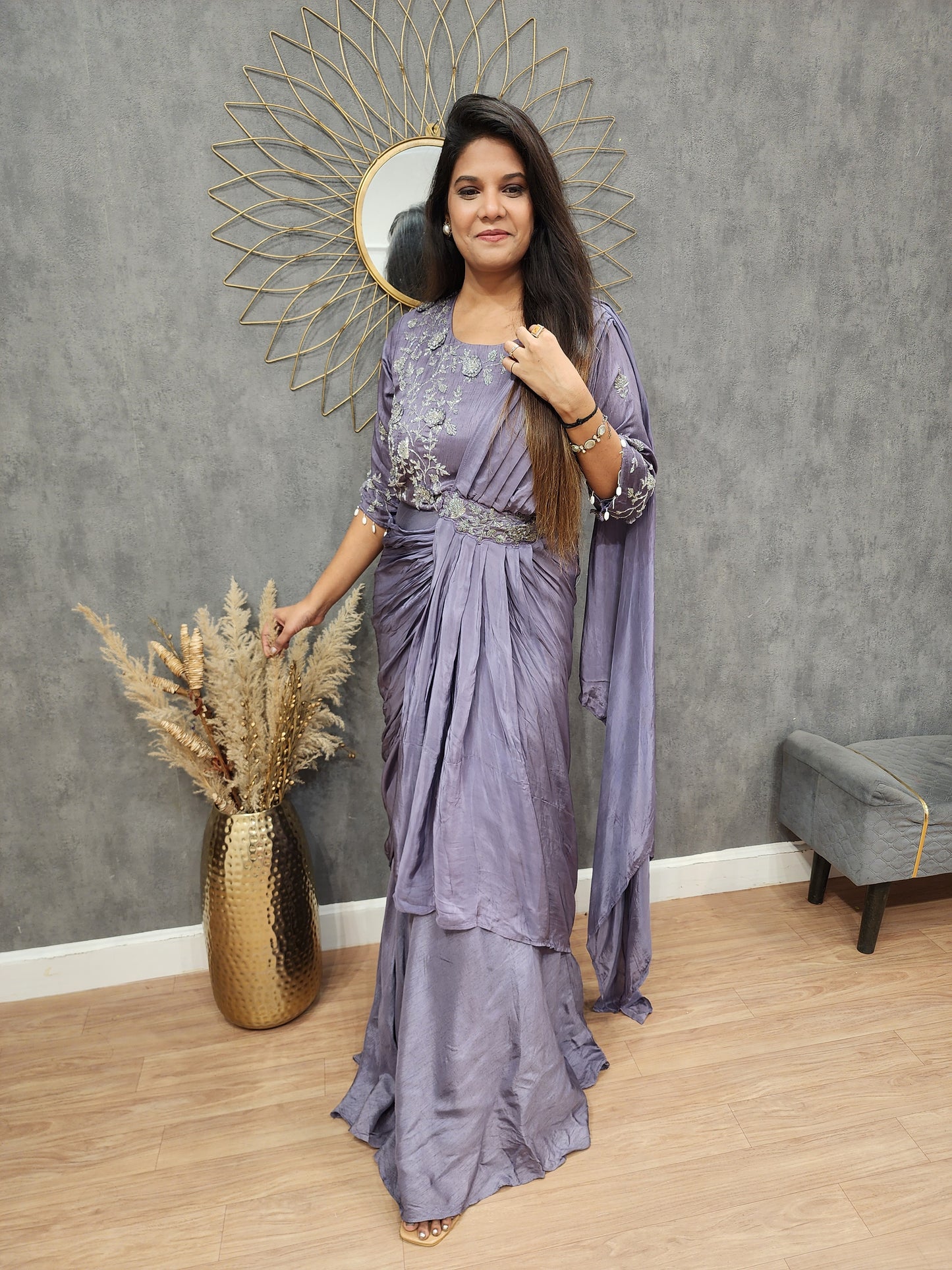 Pastel purple emlellished drape maxi gown