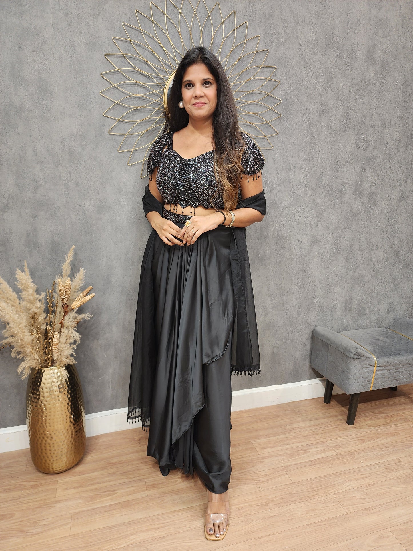 Black cowl dress with butterfly sleeves