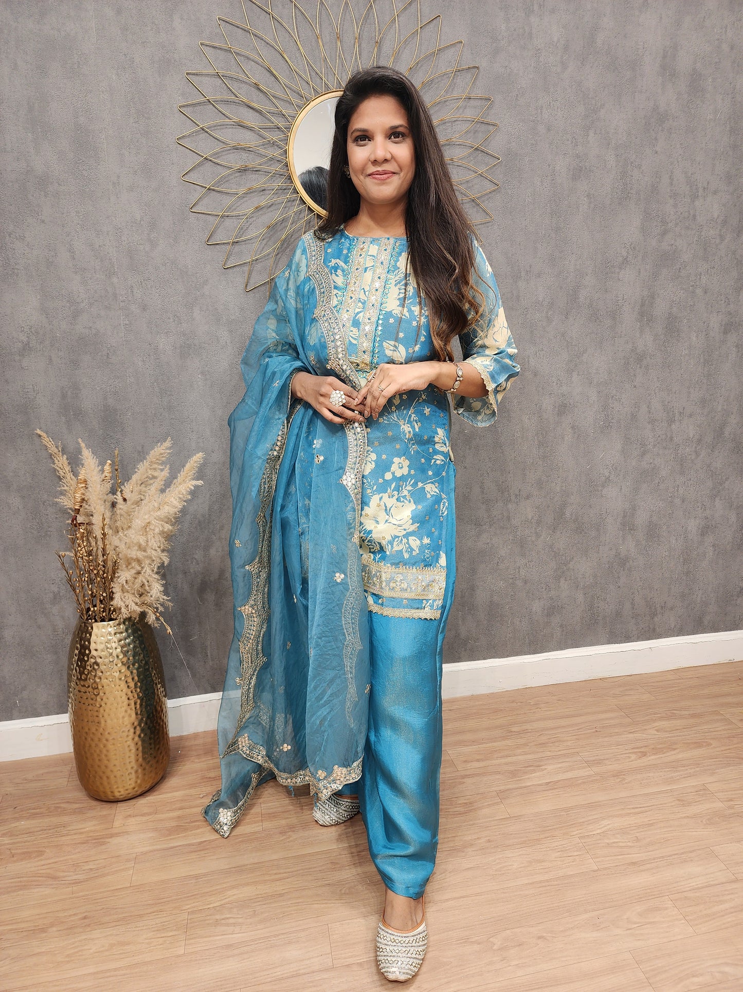 Zoya Ice blue 3piece plazo tissue suit