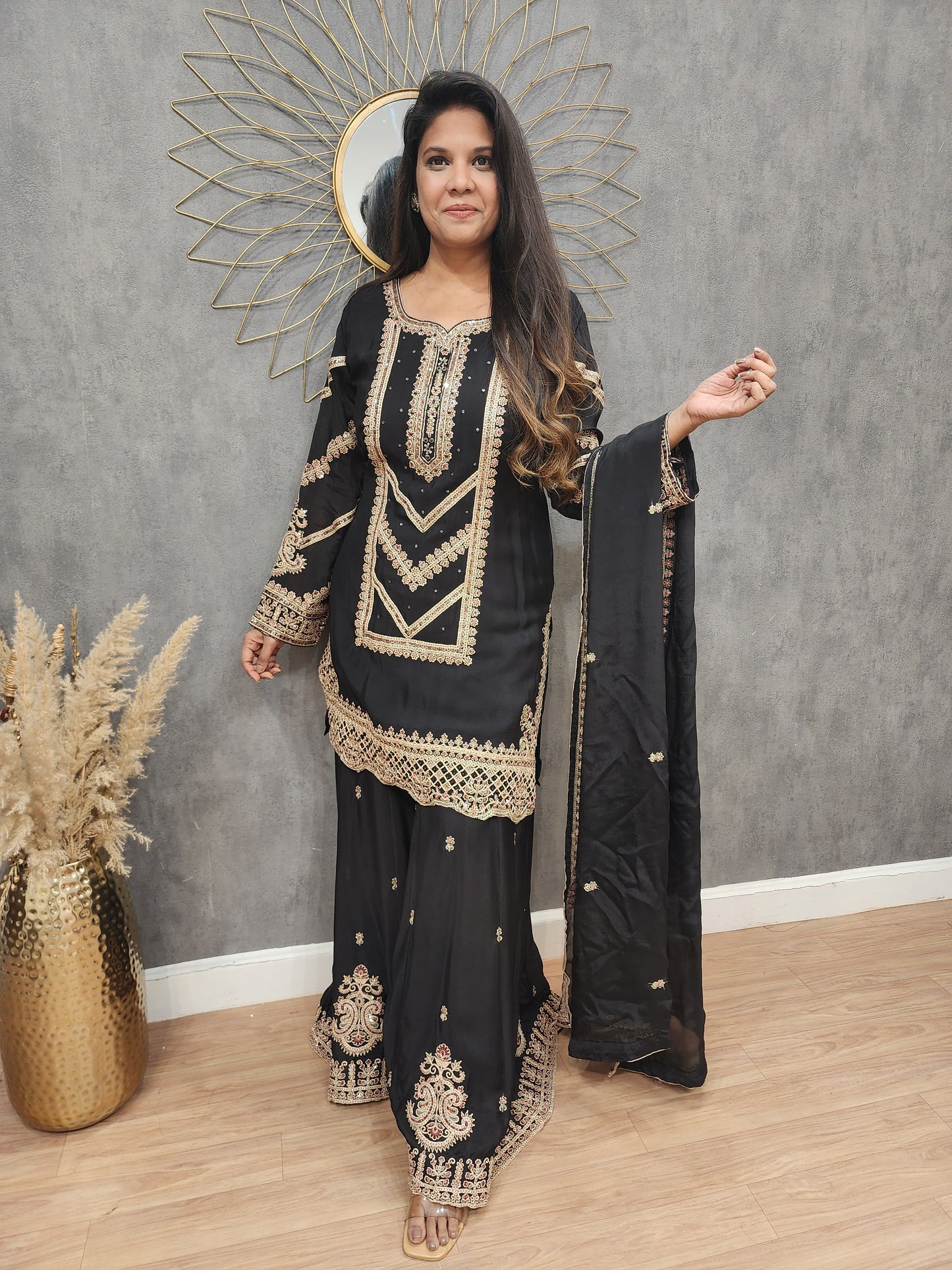 Black Embroidered straight sharara suit