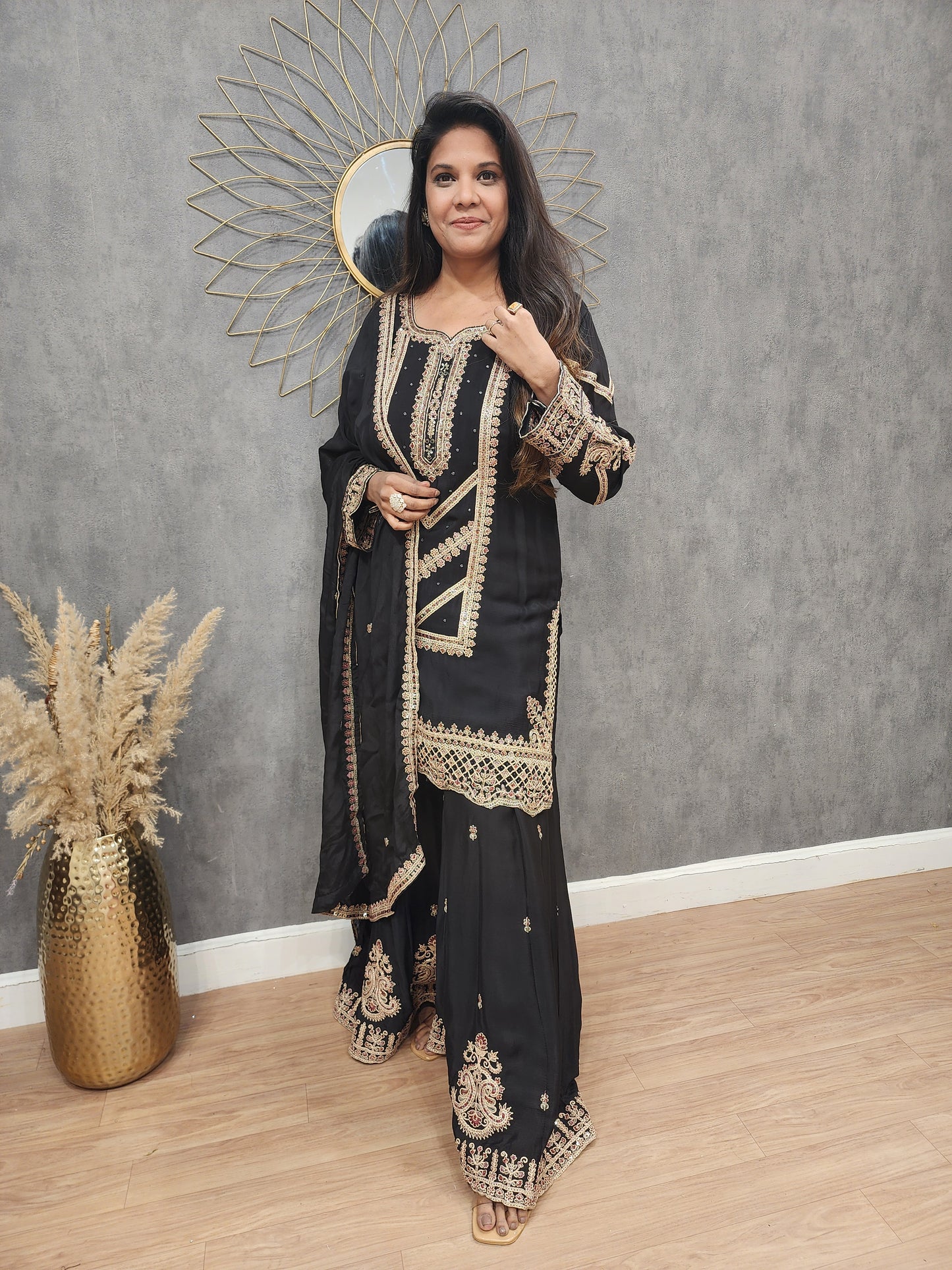 Black Embroidered straight sharara suit