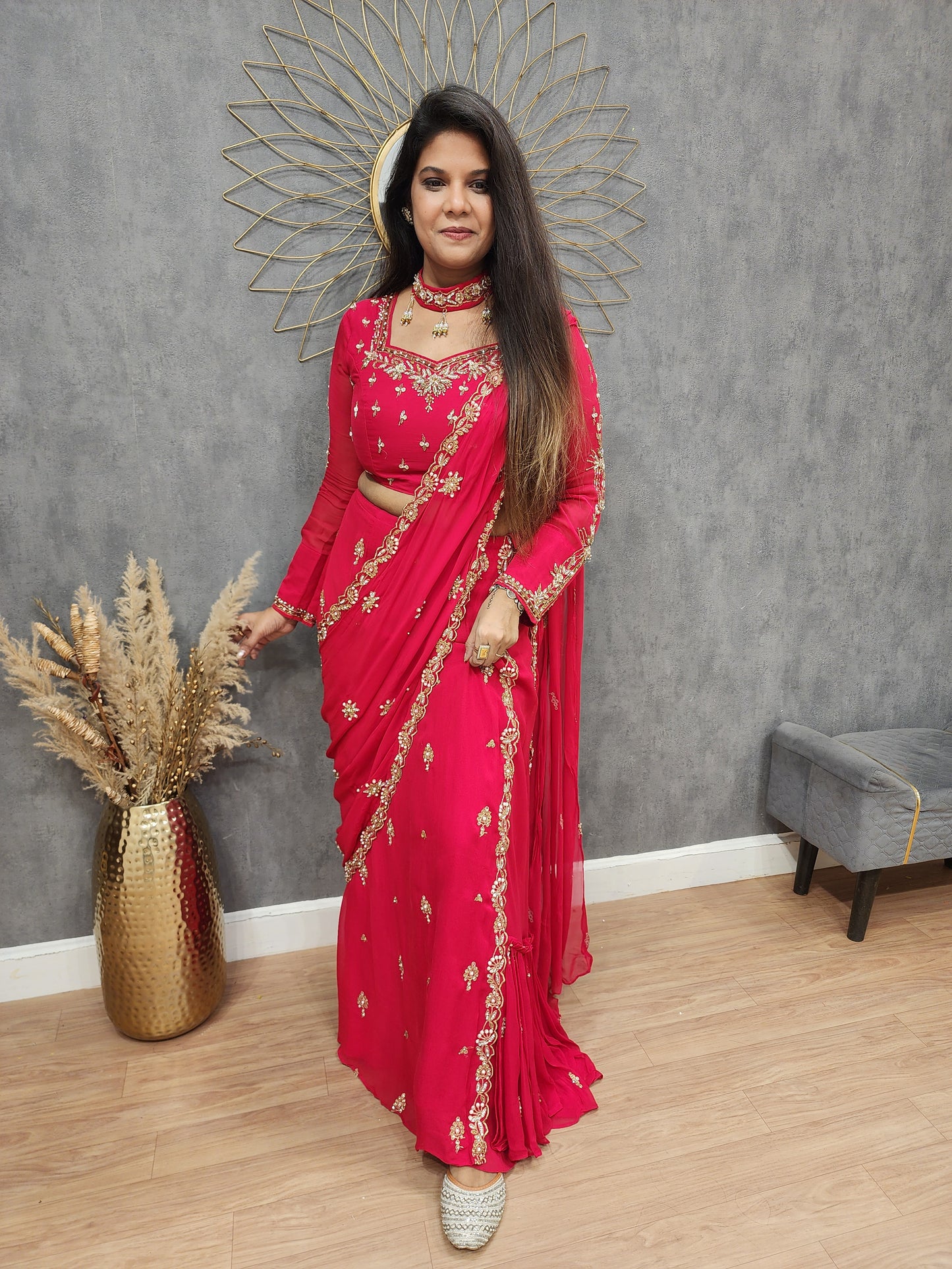 Meher Cherry red Embroided drape saree
