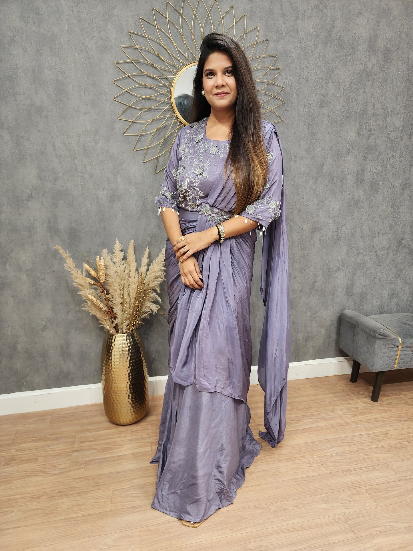 Pastel purple emlellished drape maxi gown