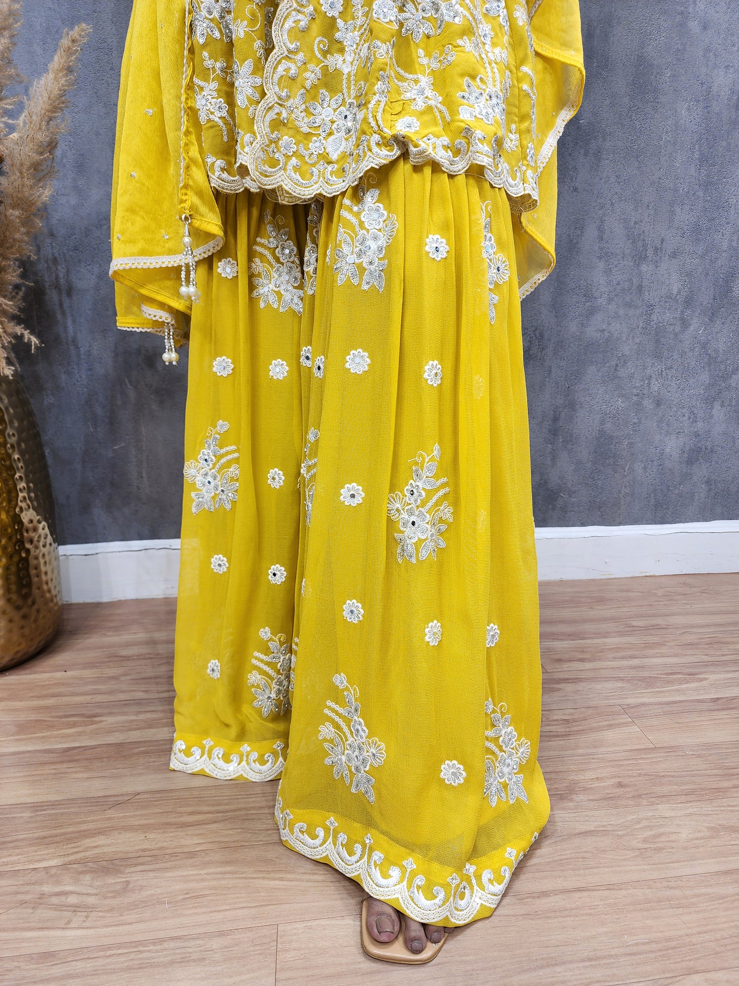 Shama Yellow Embroided Centre slit sharara suit