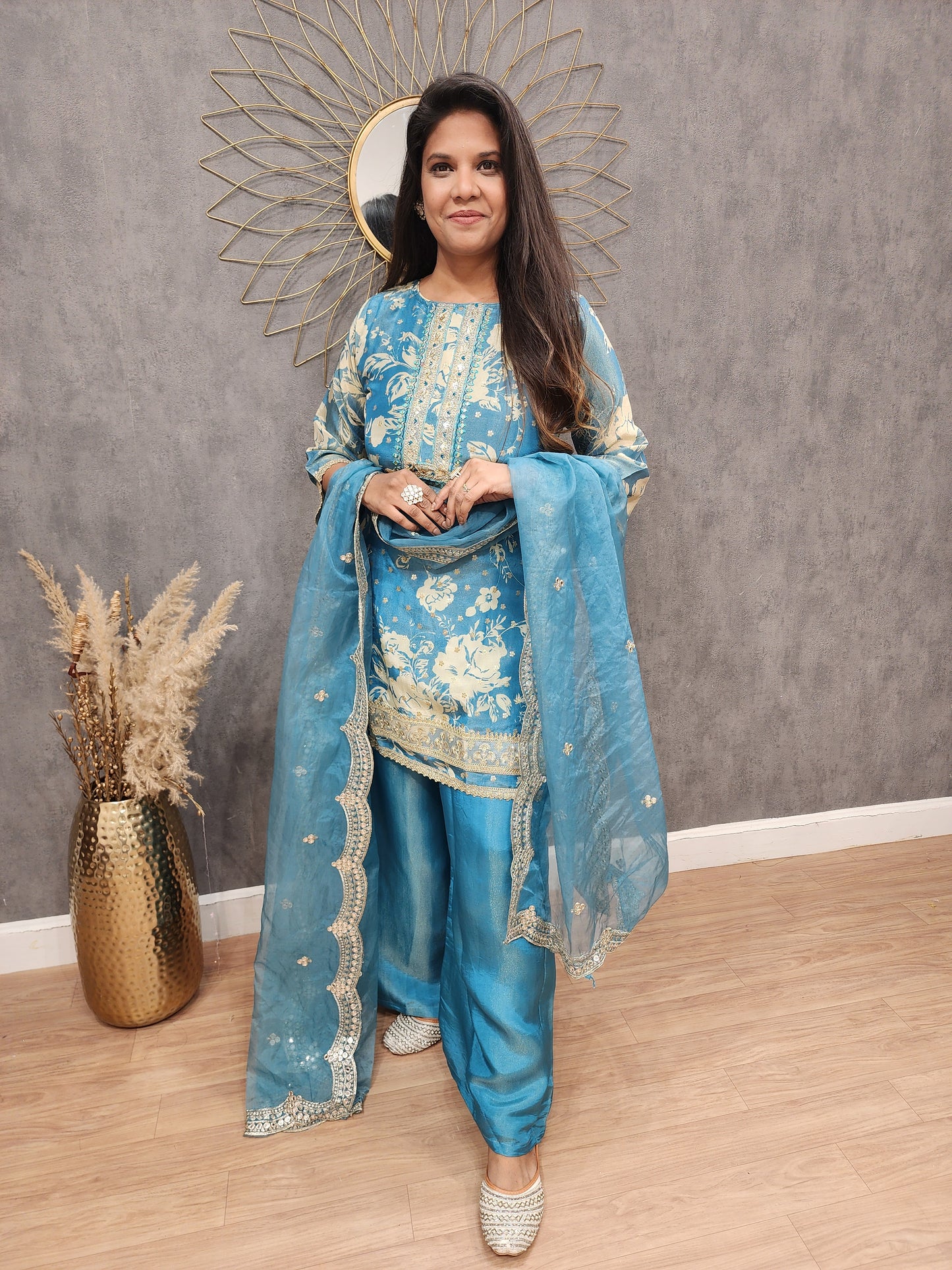 Zoya Ice blue 3piece plazo tissue suit