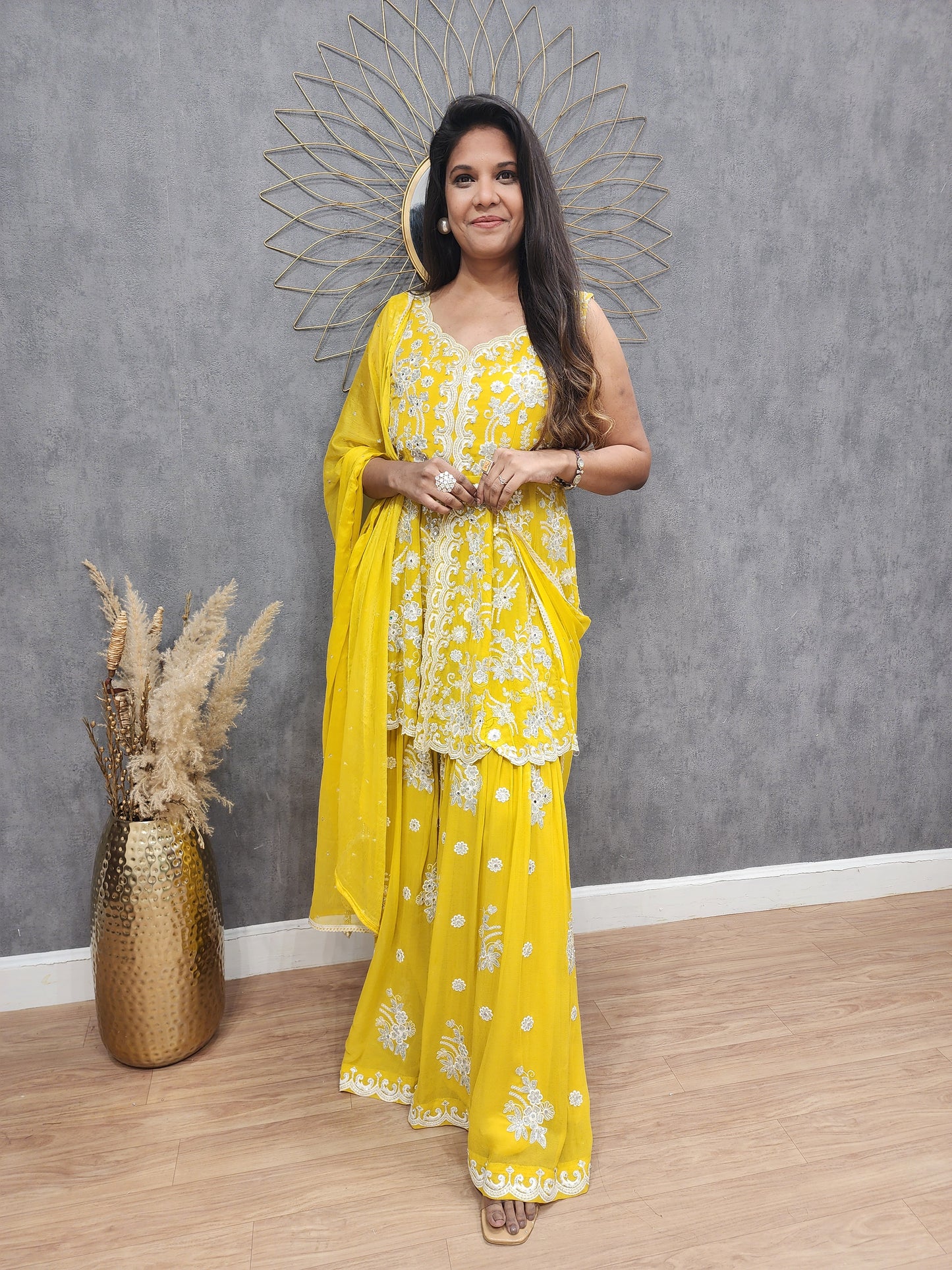 Shama Yellow Embroided Centre slit sharara suit