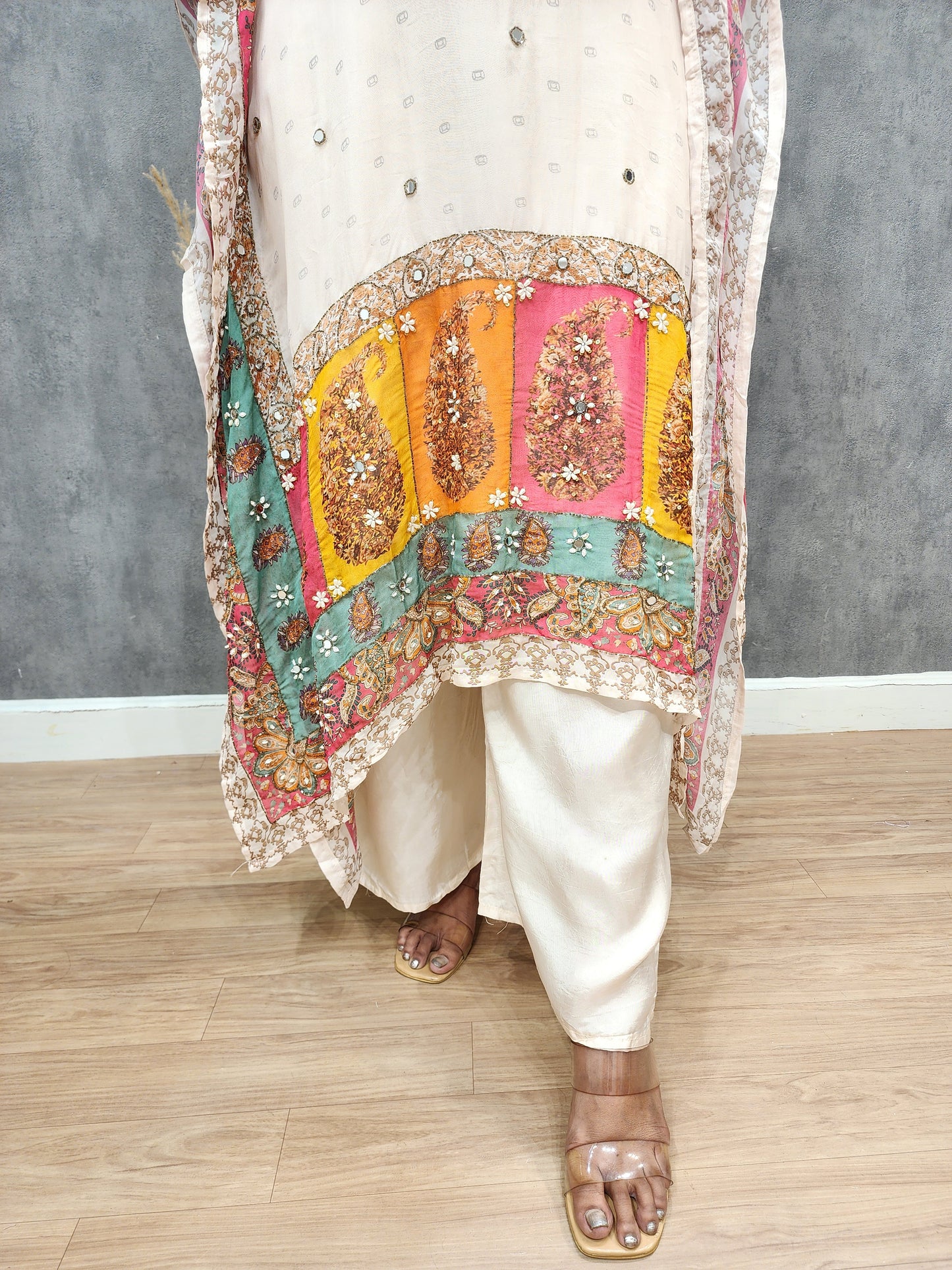 Light peach Multi colour embellished kaftaansuit