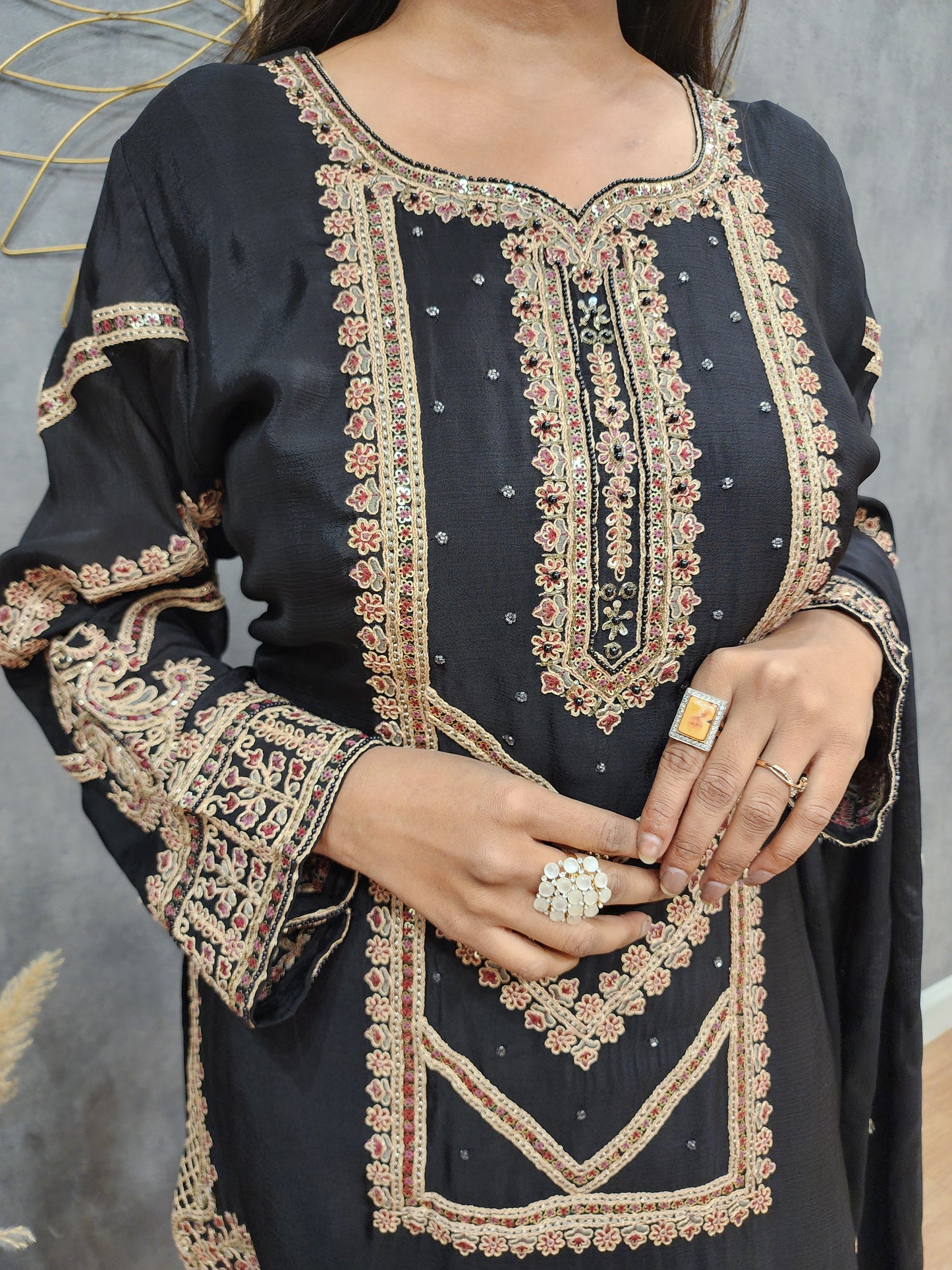Black Embroidered straight sharara suit