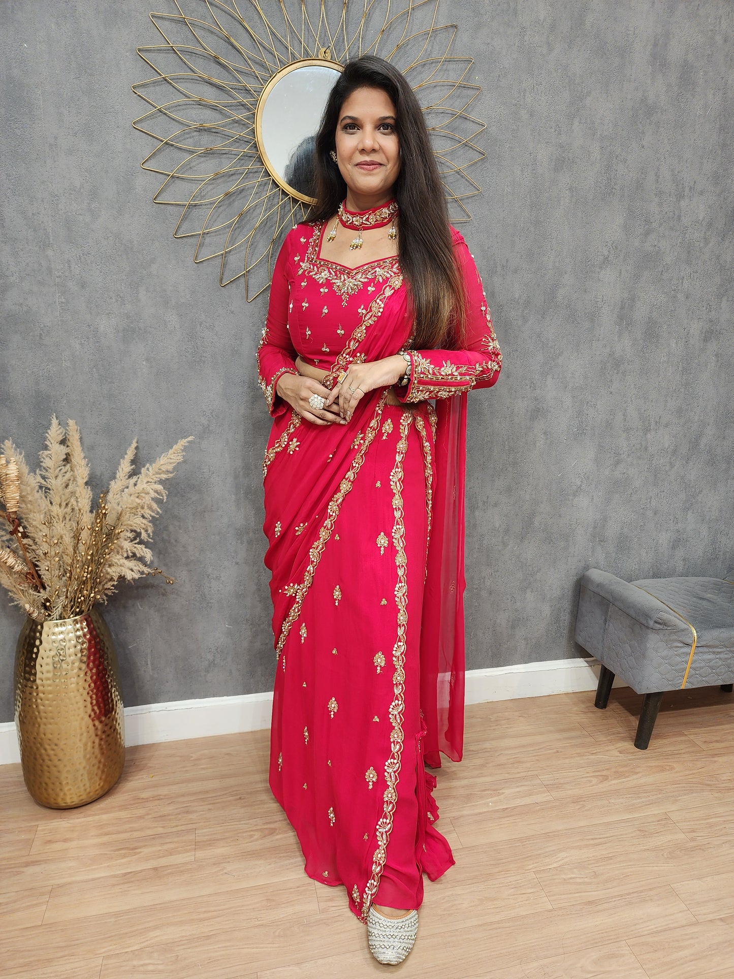 Meher Cherry red Embroided drape saree