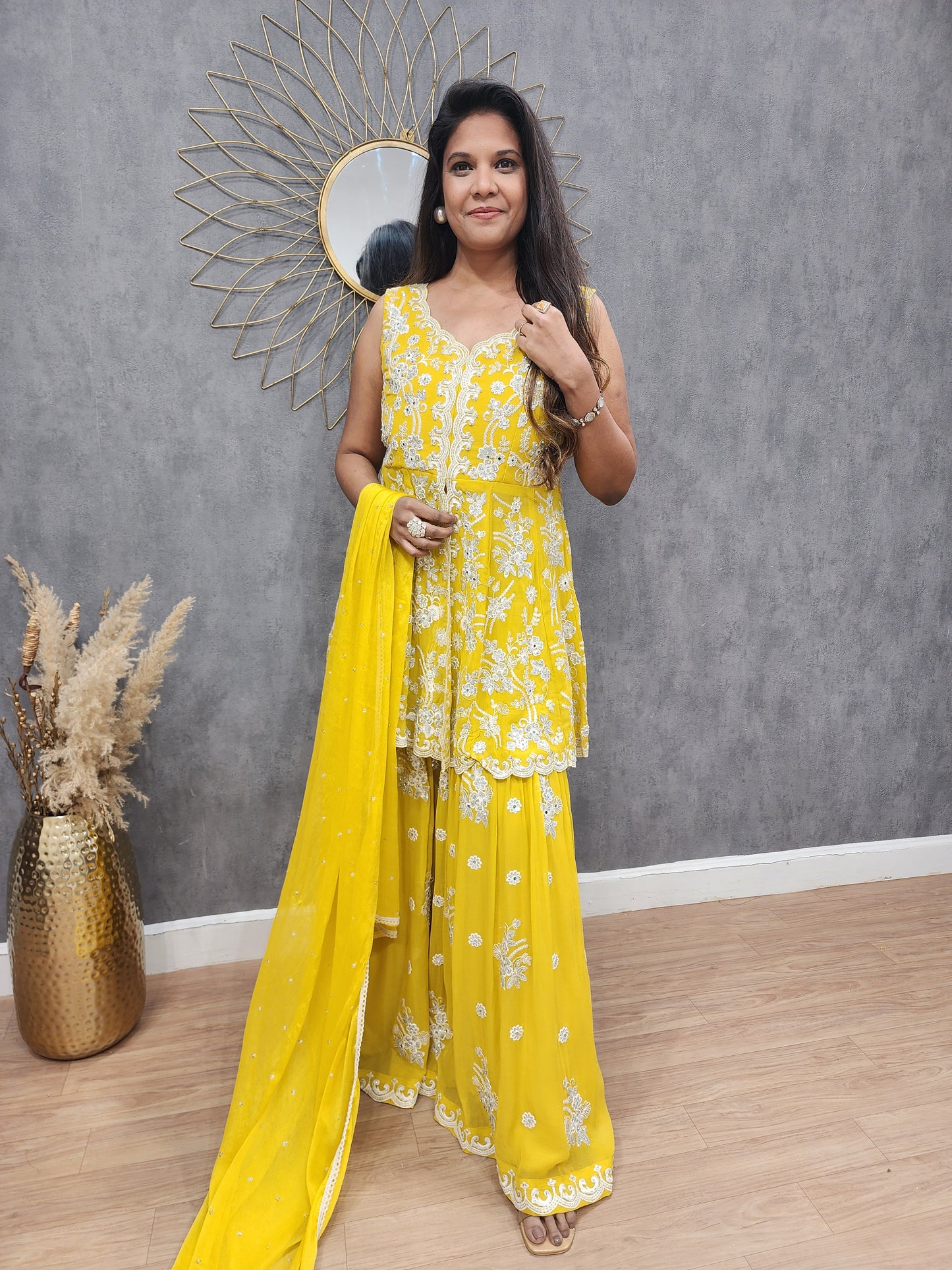 Shama Yellow Embroided Centre slit sharara suit