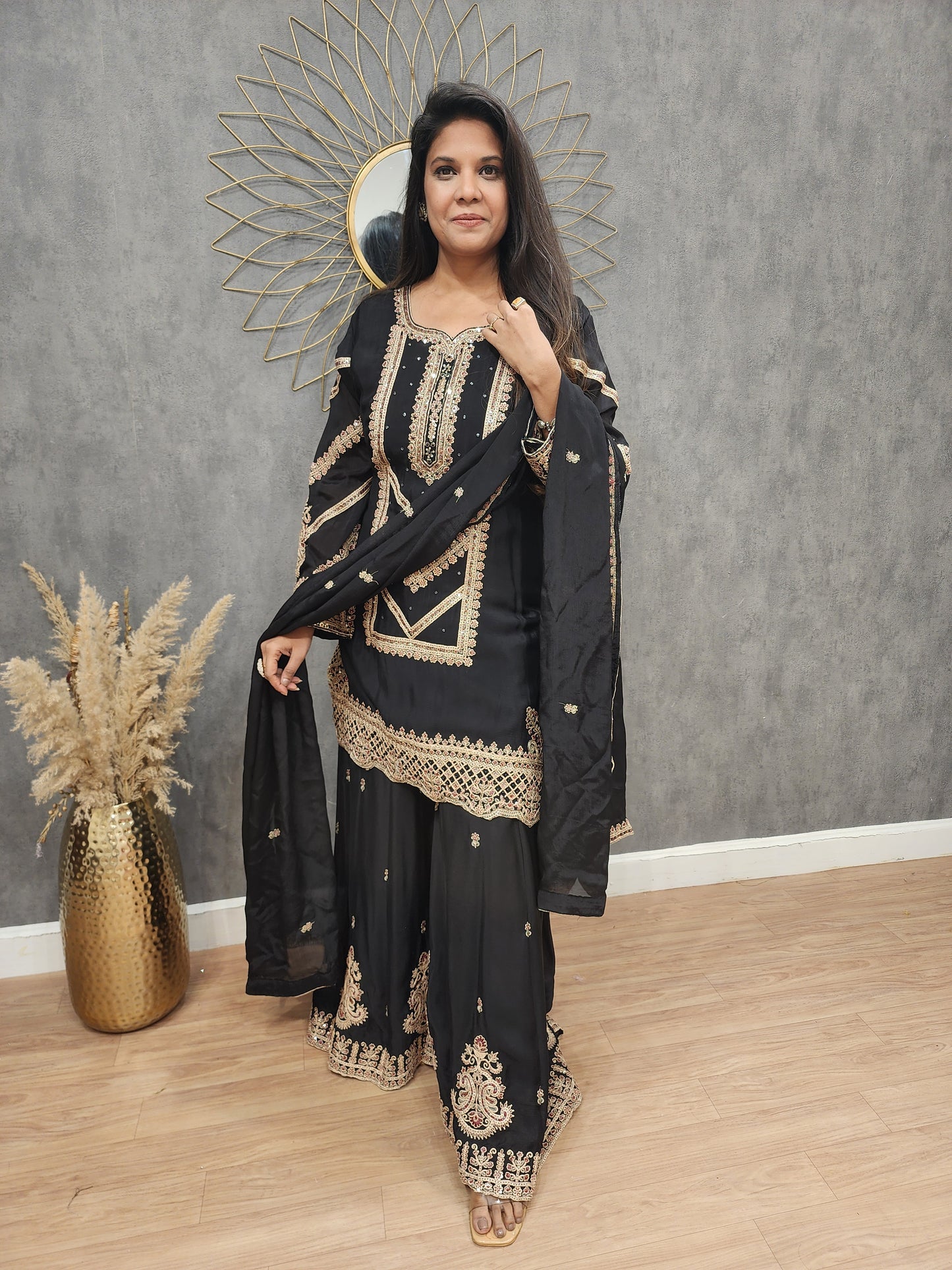 Black Embroidered straight sharara suit