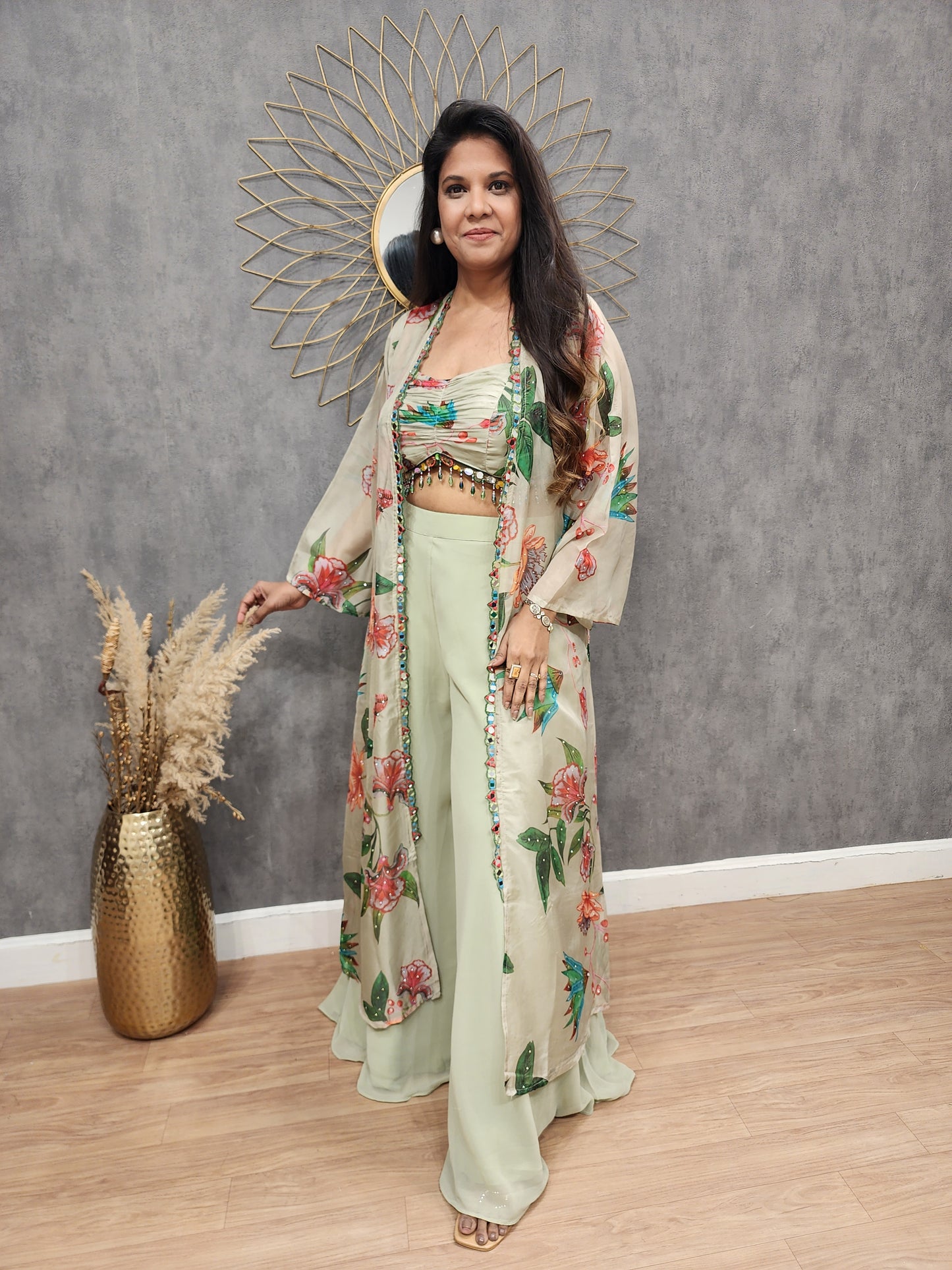 Floral print mehendi green 3pc indowestern dress