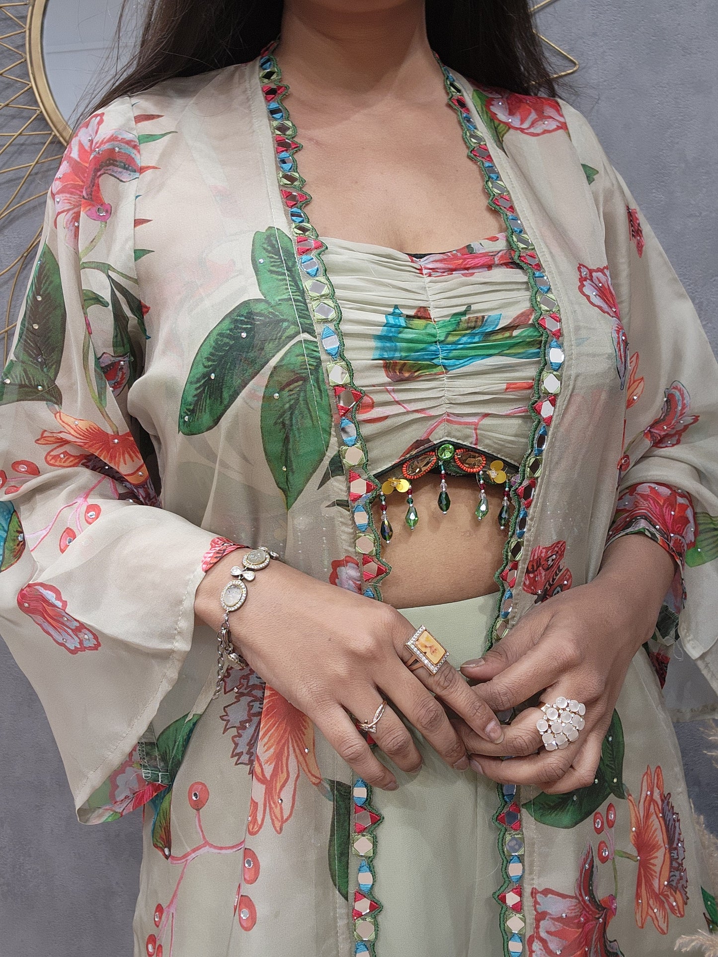 Floral print mehendi green 3pc indowestern dress