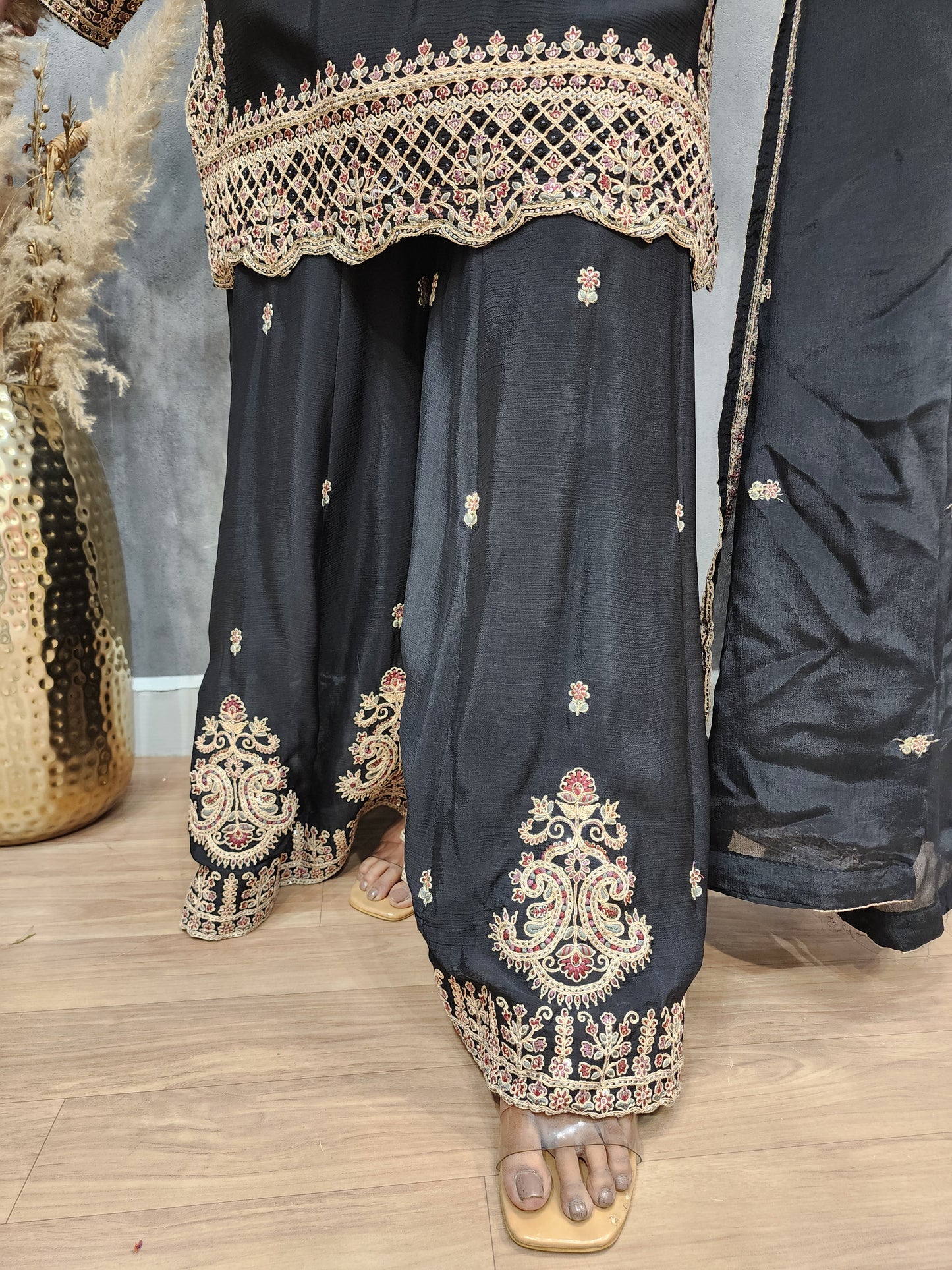 Black Embroidered straight sharara suit