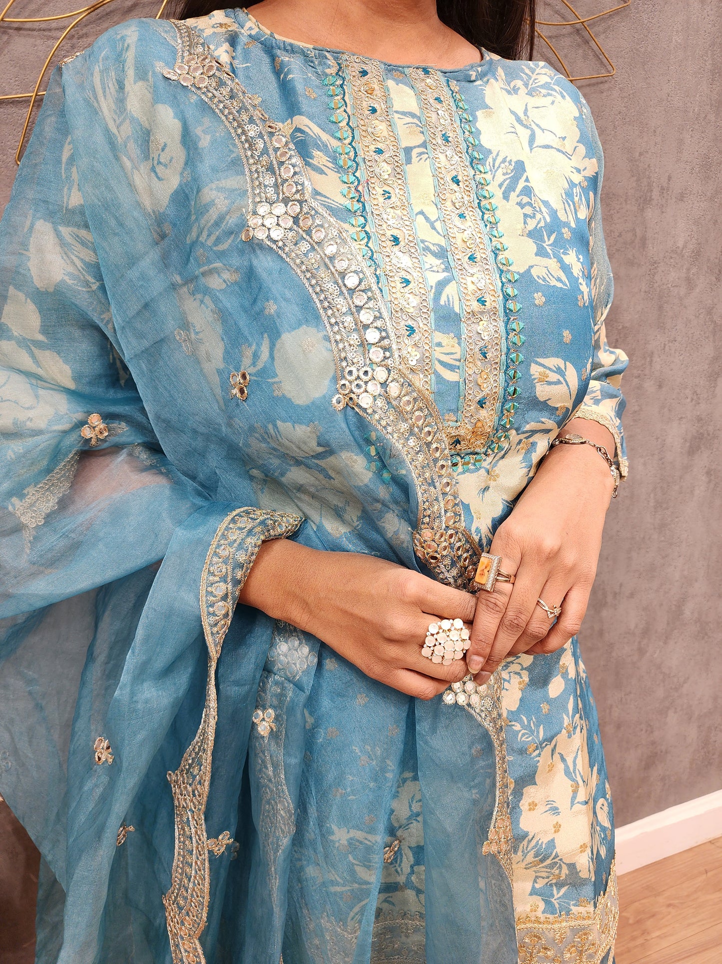 Zoya Ice blue 3piece plazo tissue suit