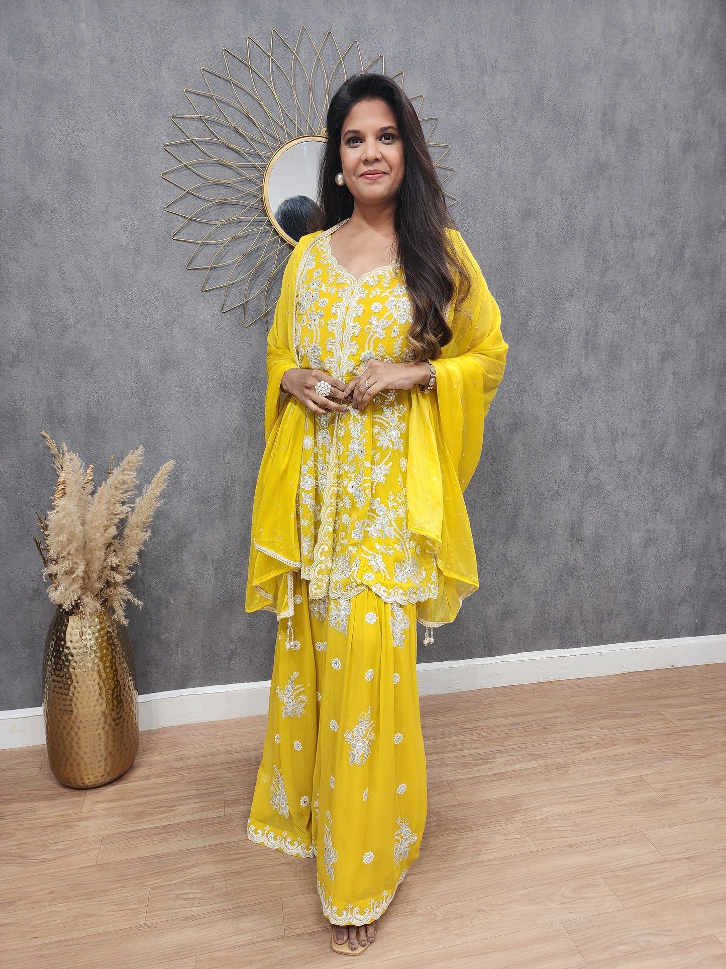 Shama Yellow Embroided Centre slit sharara suit