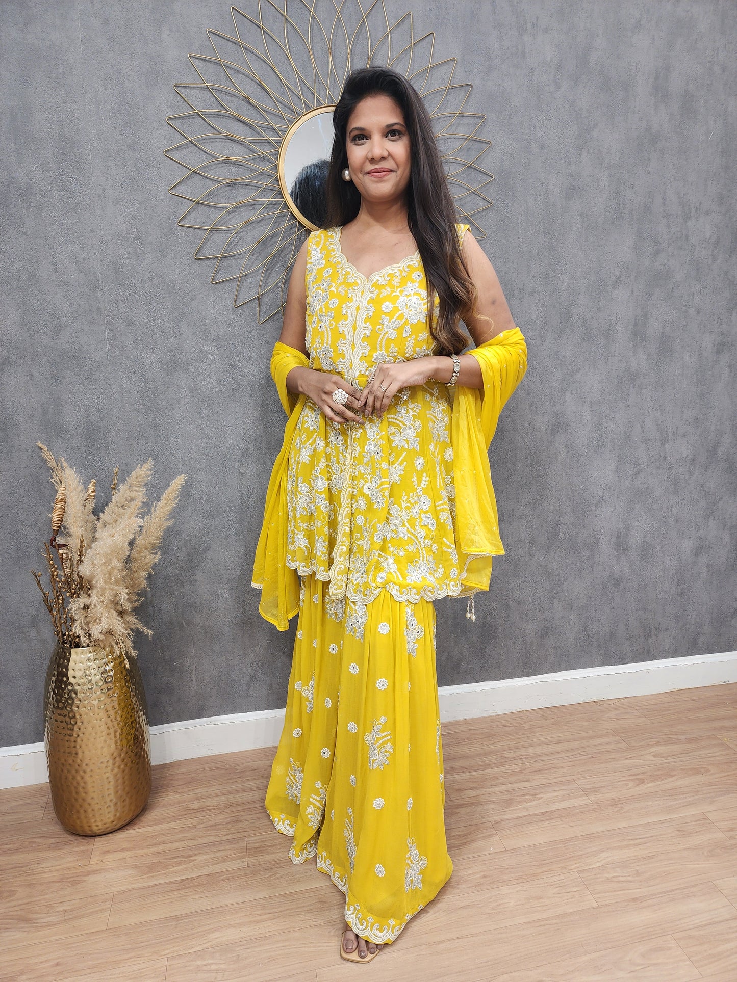 Shama Yellow Embroided Centre slit sharara suit
