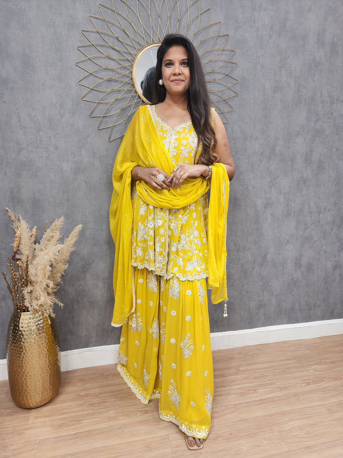 Shama Yellow Embroided Centre slit sharara suit