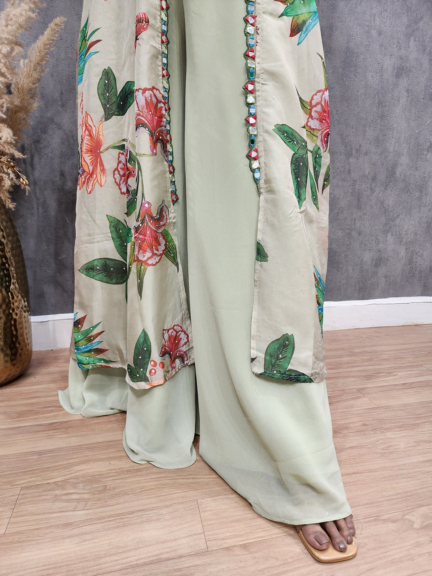 Floral print mehendi green 3pc indowestern dress