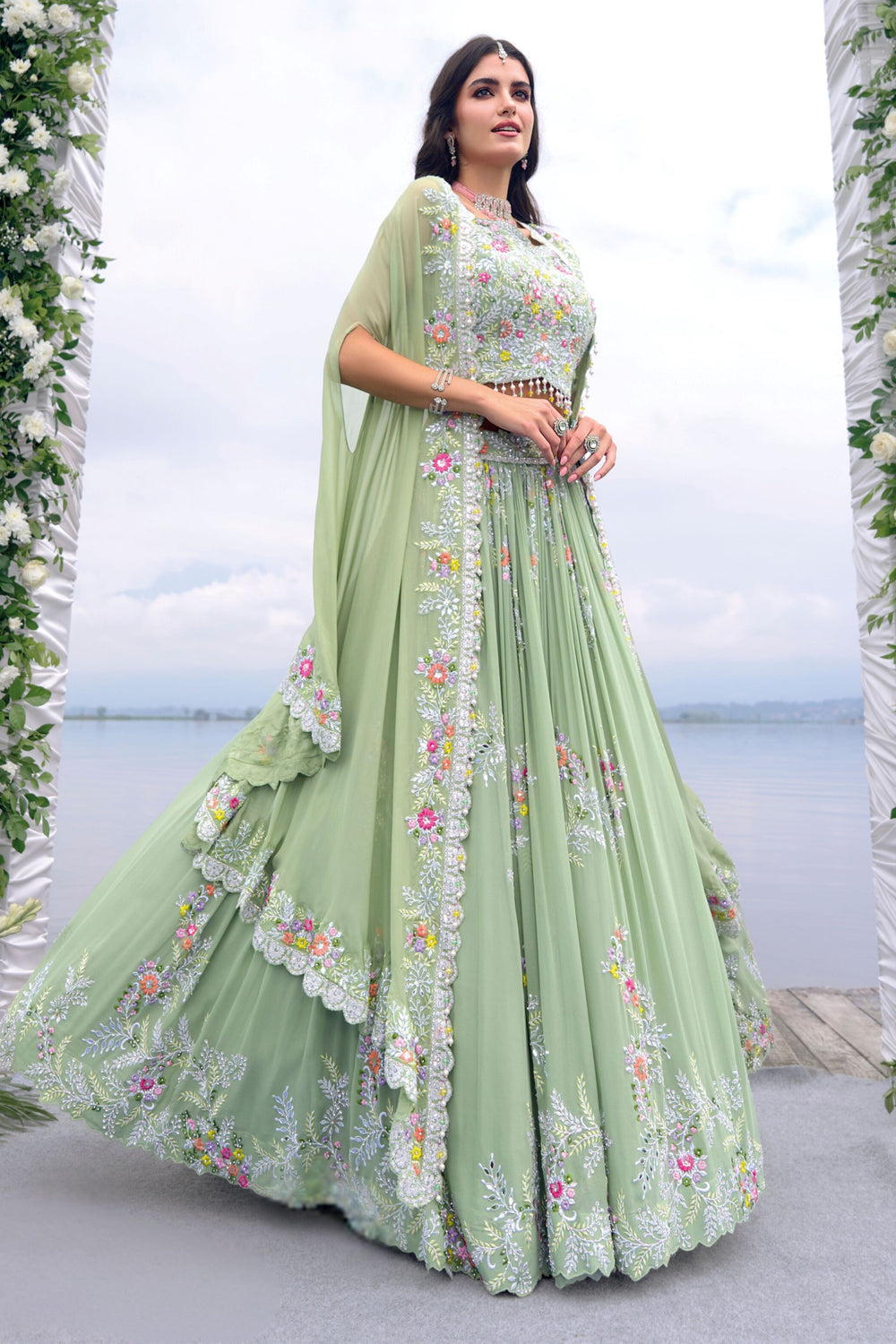 Pista green cape indowestern Embroided dress