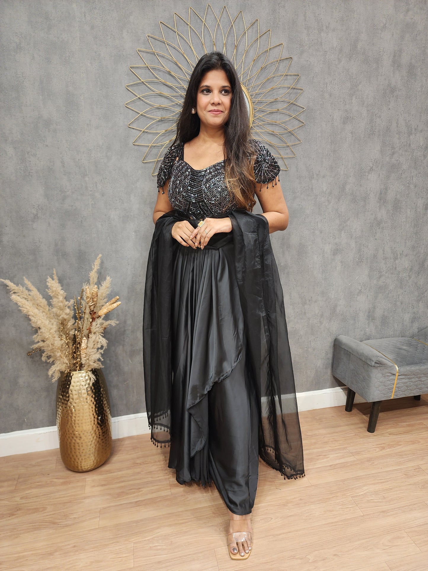 Black cowl dress with butterfly sleeves